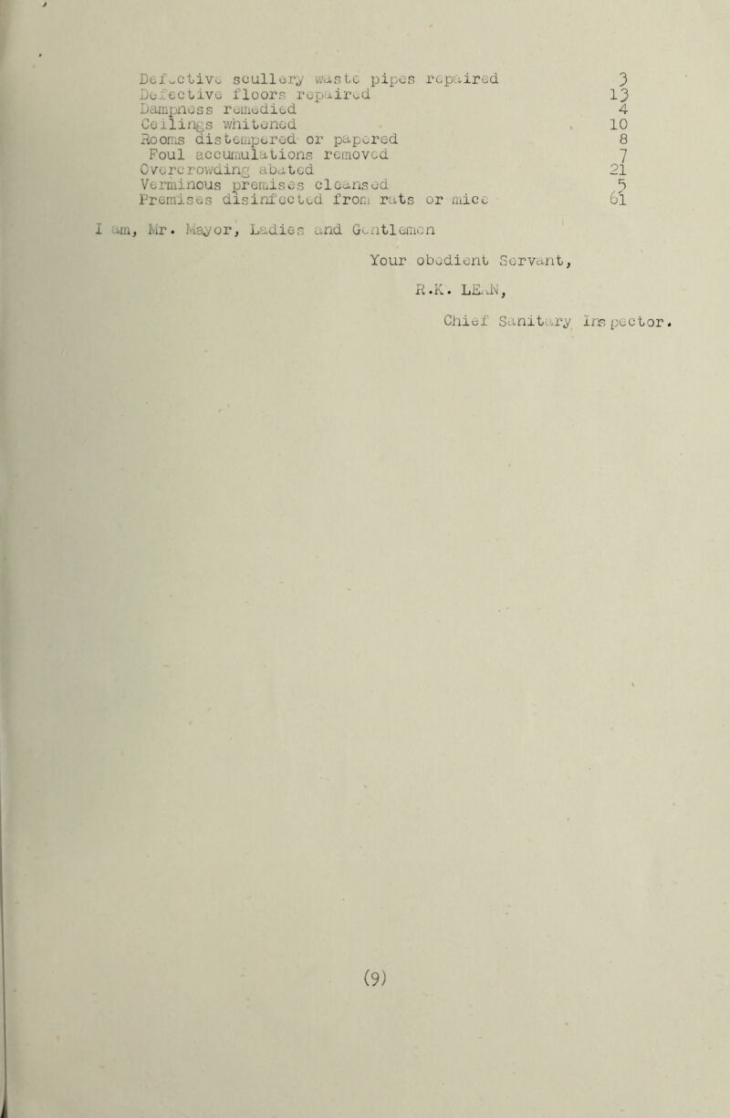 y Defv.ctivo soulluriy- waste pipes repaired Do fee Live floors ropjairud Dampness romodied Ceilings whitened ?-ooms distempered or papered Foul accumulations removed Overcrowding abated Verminous premises cleansed Premises disinfected from rats or mic*. I am, Mr. Mayor, Ladies and Goiitlemon ‘ Your obedient Servant, 3 13 4 10 8 7 21 H • K. Lit i-h j Chief Sanitary Inspector.