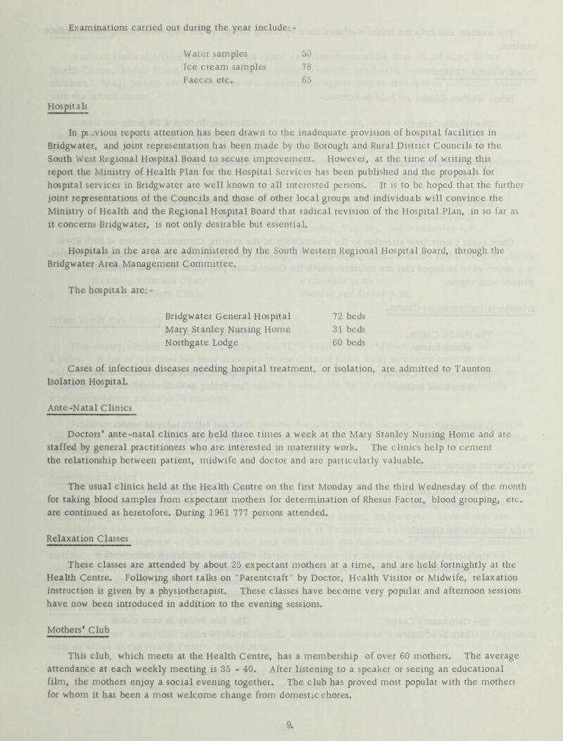 Examinations carried out during the yeai include;- Water samples Ice cream samples Faeces etc. 50 78 65 Hospitak In pi ev 10us reports attention has been drawn to the inadequate provision of hospital facilities in Bridgwater, and joint representation has been made by the Borough and Rural District Councils to the South West Regional Hospital Board to secure improvement. However, at the time of writing this report the Ministry of Health Plan for the Hospital Services has been published and the proposals for hospital services in Bridgwater are well known to all interested persons. It is to be hoped that the further joint representations of the Councils and those of other local groups and individuals will convince the Ministry of Health and the Regional Hospital Board that radical revision of the Hospital Plan, in so far as it concerns Bridgwater, is not only desirable but essential. Hospitals in the area are administered by the South Western Regional Hospital Board, through the Bridgwater Area Management Committee, The hospitals are;- Bridgwater General Hospital Mary Stanley Nursing Home Northgate Lodge 72 beds 31 beds 60 beds Cases of infectious diseases needing hospital treatment, or isolation, are admitted to Taunton Isolation HospitaL Ante-Natal Clinics Doctors' ante-natal clinics are held three times a week at the Maty Stanley Nursing Home and are staffed by general practitioners who are interested in maternity work. The clinics help to cement the relationship between patient, midwife and doctor and are particularly valuable. The usual clinics held at the Health Centre on the first Monday and the third Wednesday of the month for taking blood samples from expectant mothers for determination of Rhesus Factor, blood grouping, etc, are continued as heretofore. During 1961 777 persons attended. Relaxation Classes These classes are attended by about 25 expectant mothers at a time, and are held fortnightly at the Health Centre. Following short talks on Parentctaft by Doctor, Health Visitor or Midwife, relaxation instruction is given by a physiotherapist. These classes have become very popular and afternoon sessions have now been introduced in addition to the evening sessions. Mothers' Club This club, which meets at the Health Centre, has a membership of over 60 mothers. The average attendance at each weekly meeting is 35 - 40. After listening to a speaker or seeing an educational film, the mothers enjoy a social evening together. The club has proved most popular with the mothers for whom it has been a most welcome change from domestic chores.