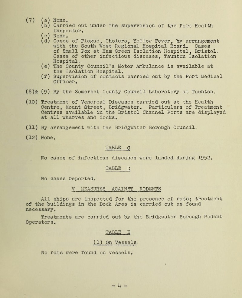 (7) (a) Nonco (■b) Carried out under the supervision of the Port Health Inspector, (c) None, (d) Cases of Plague, Cholera, Yellow Fever, hy arrangement with the South West Regional Hospital Board, Cases of Small Pox at Ham Green Isolation Hospital, Bristol, Cases of other infectious diseases, Taunton Isolation Hospitalo (e) The County Council's Motor Ambulance is available at the Isolation Hospital, (f) Supervision of contacts carried out by the Port Medical Officer, (8)& (9) By the Somerset County Council Laboratory at Taunton, (10) Treatment of Venereal Diseases carried out at the Health Centre, Mount Street, Bridgwater, Particulars of Treatment Centres available in the Bristol Channel Ports are displayed at all wharves and docks. (11) By arrangement with the Bridgv/ater Borough Council- (12) None, TABLE C No cases of infectious diseases were landed during 1952, TABLE D No cases reported, V MEASURES AGAINST RODENTS All ships are inspected for the presence of rats; treatment of the buildings in the Dock Area is carried out as found necessary. Treatments are carried out bj?’ the Bridgwater Borough Rodent Operators, TABLE E (1) On Vessels No rats v/ere found on vessels.