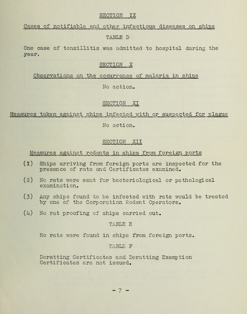 Cases of notifia'ble and other infectious diseases on ships TABLE D One case of tonsillitis was admitted to hospital during the year. SECTION X Ohservations on the occurrence of malaria in shins No action. SECTION XI Measures taken against ships infected with or suspected for plague No action. SECTION XII Measures against rodents in ships from foreign ports (1) Ships arriving from foreign ports are inspected for the presence of rats and Certificates examined. (2) No rats were sent for hacteriological or pathological examination. (3) Any ships found to he infested v/ith rats would he treated hy one of the Corporation Rodent Operators. (h) No rat proofing of ships carried out. TABLE E No rats were found in ships from foreign ports. TABLE F Deratting Certificates and Deratting Exemption Certificates are not issued. - 7 -