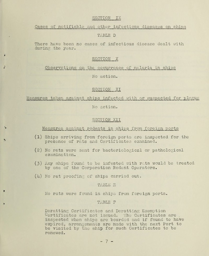 Cases of notifiable and other infections diseases on ships TABLE D There have been no cases of infectious disease dealt with during the year. SECTION X Observations on the occurrence of malaria in ships No action. SECTION XI Measures talien against ships infected with or suspected for plague No action. SECTION XII Measures against rodents in ships .from foreign ports (1) Ships arriving from foreign ports are inspected for the presence of rats and Certificates examined. (2) No rats were sent for bacteriological or pathological examination. (3) Any ships found to be infested with rats would be treated by one of the Corporation Rodent Operators. (4) No rat proofing of ships carried out. TABLE E No rats were found in ships from foreign ports. TABLE P Deratting Certificates and Deratting Exemption Certificates are not issued. The Certificates are _ inspected when ships are boarded and if found to have expired, arrangements are made with the next Port to be visited by the ship for such Certificates to be renewed.