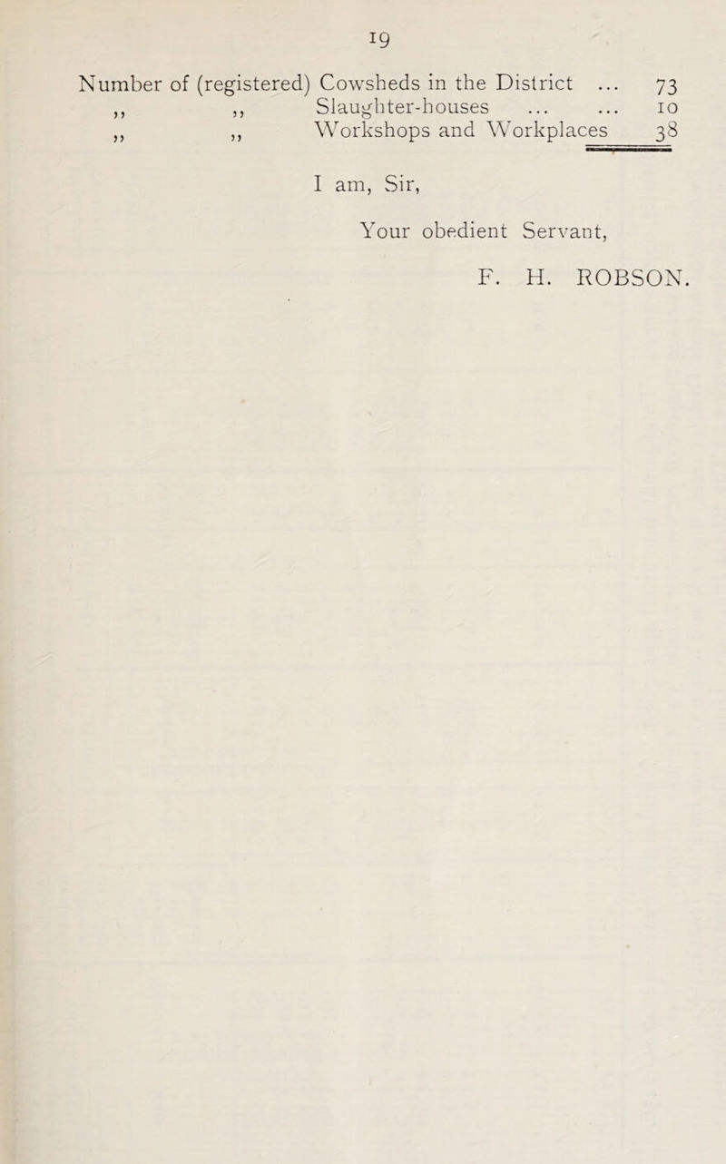 Number of (registered) Cowsheds in the District ... 73 ,, ,, Slaughter-houses ... ... 10 ,, ,, Workshops and Workplaces 38 I am, Sir, Your obedient Servant, F. H. ROBSON.