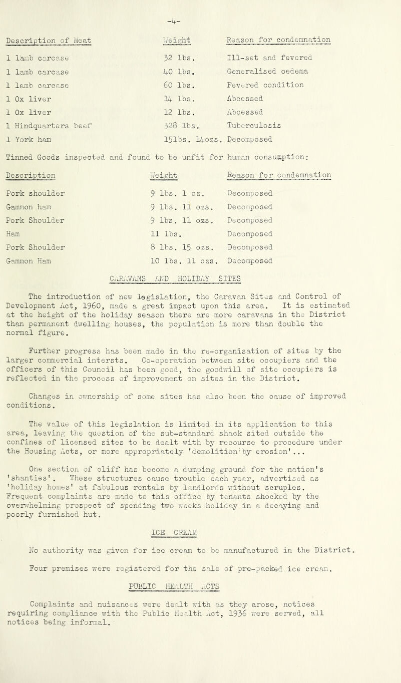 Description of Meat 1 lanb carcase 1 lamb carcase 1 lamb carcase 1 Ox liver 1 Ox liver 1 Hindquarters beef 1 York ham V/eight Reason for condemnation 32 lbs. Ill-set and fevered 40 lbs. Generalised oedema 60 lbs. Fevered condition 14 lbs. Abcessed 12 lbs. Abcessed 328 lbs. Tuberculosis 151bs. I40ZS. Decomposed Tinned Goods inspected and found to be unfit for human consumption: Description Pork shoulder Gammon ham Pork Shoulder Ham Pork Shoulder Gammon Ham 9 lbs. 1 oz. 9 lbs. 11 ozs. 9 lbs. 11 oxs, 11 lbs. 8 lbs. 15 ozs. 10 lbs, 11 ozs Reason for condemnation Decomposed Decomposed Decomposed Decomposed Decomposed Decomposed CARiWMS HOLIDAY SITES The introduction of new legislation, the Caravan Sites and Control of Development Act, I960, made a great impact upon this area. It is estimated at the height of the holiday season there are more caravans in the District than permanent dwelling houses, the population is more than double the normal figure. Further progress has been made in the re-organisation of sites by the larger commercial intersts. Co-operation betv/een site occupiers and the officers of this Council has been good, the goodwill of site occupiers is reflected in the process of improvement on sites in the District. Changes in ownership of some sites has also been the cause of improved conditions. The value of this legislation is limited in its application to this area, leaving the question of the sub-standard shack sited outside the confines of licensed sites to be dealt with by recourse to procedure under the Housing Acts, or more appropriately ’demolition’by erosion'... One section of cliff has become a dumping ground for the nation's 'shanties'. These structures cause trouble each year, advertised as 'holiday homes' at fabulous rentals by landlords v/ithout scruples. Frequent complaints are made to this office by tenants shocked by the overwhelming prospect of spending two weeks holiday in a decaying and poorly furnished hut. ICE CRE.1I^ No authority was given for ice cream to be manufactured in the District. Four premises were registered for the sale of pre-packed ice cream. PUBLIC HKILTH ixCTS Complaints and nuisances were dealt with as they arose, notices reqiiiring compliance with the Public Health .ict, 1936 v/ere served, all notices being informal.■