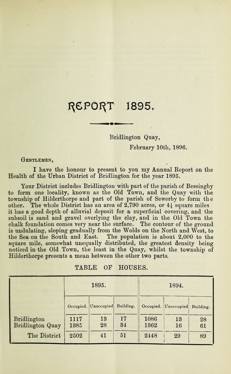 1895 Bridlington Quay, February lOtli, 1896. Gentlemen, I have the honour to present to you my Annual Report on the Health of the Urban District of Bridlington for the year 1895. Your District includes Bridlington with part of the parish of Bessingby to form one locality, known as the Old Town, and the Quay with the township of Hilderthorpe and part of tlie parish of Sewerby to form th e other. The whole District has an area of 2,790 acres, or 4^ square miles it has a good depth of alluvial deposit for a superficial covering, and the subsoil is sand and gravel overlying the clay, and in the Old Town the chalk foundation comes very near the surface. The contour of the ground is undulating, sloping gradually from the Wolds on the North and West, to the Sea on the South and East. The population is about 2,000 to the square mile, somewhat unequally distributed, the greatest density being noticed in the Old Town, the least in the Quay, whilst the township of Hilderthorpe presents a mean between the other two parts. TABLE OF HOUSES. 1895. 1894. Occupied. Unoccupied Building. Occupied. Unoccupied Building. Bridlington 1117 17 1086 13 28 Bridlington Quay 1385 28 34 1362 1 61 The District 2502 41 ~5l 2448 29 89