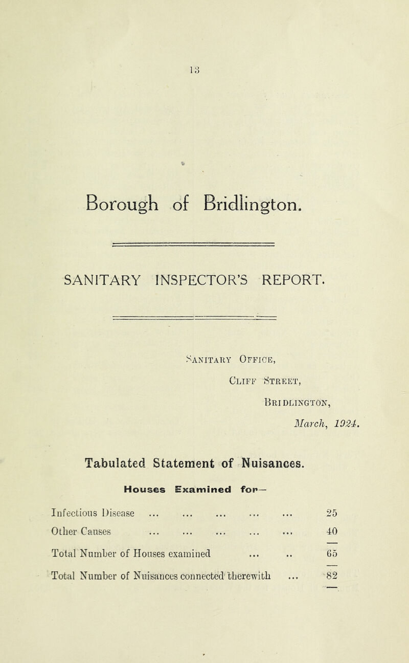 Borough of Bridlington. SANITARY INSPECTOR’S REPORT. Sanitary Office, Cliff Street, Bridlington, March, 1924. Tabulated Statement of Nuisances. Houses Examined for*— Infectious Disease ... ... ... ... ... 25 Other Causes 40 Total Number of Houses examined ... .. 65