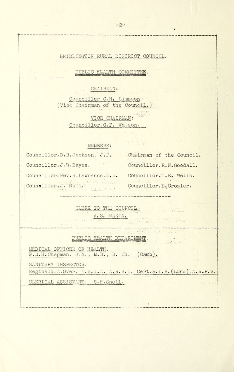 -2 BRIDLINGTON RUR.IL DISTRICT COUNCIL. PUBLIC HEALTH GOMHITTEE'. GHAJRI/LIN; . Councillor C.H« Gimpson .... (vice GHairman of the Council. ), VICE CHAIRMAN: ■ Councillor.G.P. Watson. lIEIViBERS i Councillor»D. R. Jackson. J. Councillor.J.WnBayes. Councillor. Rev.H,Lav/rance. M.A. Counailior.J. -Hall. CLERK TO THE COUNCIL. A. S. lAiKIN. PUBLIC HEALTH DEPiiRTlVIENT. . - g»;Tr.~.:j'Cgr - i,: r., Ji..::. j. .sr—i i'i,u . , I'H:dig/h ofttcer of health. P.D. H. Chapman. B., A. ; M.B, , B. Ch. (Oamb). SANITARY INSPECTOR. Reginald, .i. Over. Ivl. S. I .A. A. R. S. I. Cert. 5.1.3. (Lond). A. R>P. S. CLERICLH assistant. S.H.Snell. ■Chairman of the Council, Councillor.R,N.Goodall. Councillor,T.E. Wells. Councillor .E«_Grozier.