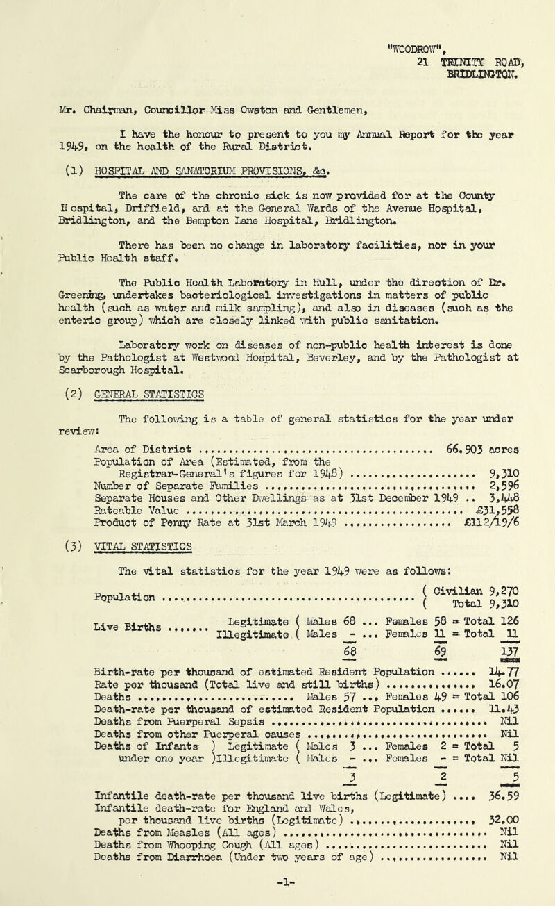 '•WOODROW, 21 TECNITT ROA&, BRIEfLINSTQN. Mr. Chairman, Councillor Mias Owston and (Jentlemen, I have the honour to present to you ray .Annual Report for the year 1949> on the health of the Rural District. (1) HOSPITAL Am) SANAfCORIUM PROVISIONS. &o. The care of the chronio siok is now provided for at the Oounlgr Hospital, Driffield, and at the Ceneral Wards of the Avenue Ho^ital, Bridlington, and the Bempton Lane Hospital, Bridlington. There has teen no change in laboratory facilities, nor in your Public Health staff. The Public Health Laboratory in Hull, under the direction of Dr. Greening, undertakes bacteriological investigations in matters of public health (mch as water and milk san^sling), and also in diseases (such as the enteric group) Y/hioh are closely linked \7ith public sanitation* Laboratory work on diseases of non-public health interest is dam by the Pathologist at WestTOod Hospital, Beverley, and by the Pathologist at Scarborough Hospital. (2) GENERAL STATISTICS The follovdng is a tabic of general statistics for the year under review: Area of District 66. 903 acres Population of Area (Estimated, from the Registrar-General’s figures for 1948) 9,310 Nuinber of Separate Eamilies 2,596 Separate Houses and Other Dvrellingh as at 31st Deocrirber 194-9 3,448 Rateable Value £31,558 Product of Penny Rate at 31st I/Iarch 1949 £112/19/6 (3) VITAL STATISTICS The vital statistics for the year 1949 were as follows: Population Live Births ( Civilian 9,270 ^ 5^33^0 Legitiiaate ( Males 68 ,.. Pomales 58 » Total 126 Illegitimate ( Monies - ... Pemlos U ~ Total H 66 69 137 Birth-rate per thousand of estimated Resident Population 14«77 Rate por tiiousand (Total live and still births) 16.07 Deaths * Males 57 • • • Pomales 49 Total 106 Death-rate per thousand of estimated Resident Population ...... 11*43 Deaths from Puerperal Sepsis Nil Deaths from other Puerperal causes Nil Deaths of Infants- ) Legitimate ( I/Ialcs 3 ... Females 2 s Total 5 under one year )lllegitimate ( iKLos - ... Females - = Total Nil 5 3 n Infantile death-rate per thousand live births (Legitimate) .... 36.59 Infantile death-rate for England and Wales, per thousand live births (Legitimate) 32.00 Deaths from Ivfeasles (All ages) Nil Deaths from Whooping Cou^ (All ages) Nil Deaths from Diarrhoea (Under tvro years of age) Nil -1-