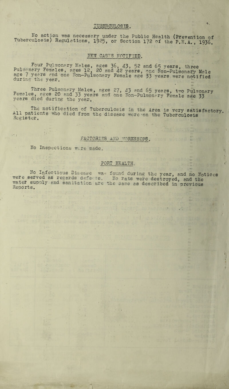 TUBERCULOSIS. ■ No action was necessary under the Public Health (Prevention of Tuberculosis) Regulations, I925, or Section 172 of the P.H.A,, 1936. . - ■ NEW CAS'^S NOTIFIED. Four Pulmonary Males, ages 36, 43) 52 and 65 years, three Pulmonary Fem.ale8, ages 12, 20 and 42 years, one Non-Pulmonafy Male age 7 years and one Non-Pulmonary Female aee 33 years., were notified durinfj the year. Three Pulmonary Males, Females, ages 20 and 33 years years died during the year. ages^ 27, 43 ?^nd 65 years, t^'f^o Pulmonary and' one Non-Pulmonary Female age 33 The notification of Tuberculosis in the Area is very satisfactory All patients who died from the disease were-on the Tuberculosis Register, FACTORIES AND WORIISHOPS. No Inspections were made. PORT HEALTH., No Infectious Disease wa- found, during the year, and no Notices were served as regards defs-os. No rats were destroyed, and the water supoly and sanitation are the same as described in previous Reports.