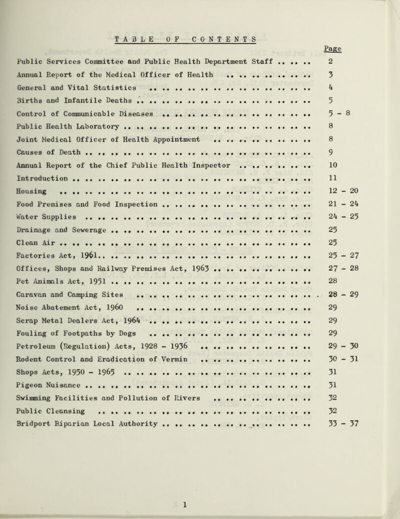 TABLE OF CONTENTS Page Public Services Committee and Public Health Department Staff .»•«.. 2 Annual Report of the Medical Officer of Health 3 General and Vital Statistics •• .. .. .. «. .. .. .• .. .. .. .. .« 4 Births and Infantile Deaths •• .. .. .« .* 5 Control of Communicable Diseases •• .« •. •. .. .. .. *• •• 5-8 Public Health Laboratory .. .• *. «. .• •• «. •• •• .. .. * 8 Joint Medical Officer of Health Appointment *. .. .. 8 Causes of Death .. .• .* «. .. .. .• •• .* .. 9 Annual Report of the Chief Public Health Inspector .. .. •. *. .. 10 Introduction .* ». •« .. .. •* •• «* 11 Housing .. .« ,» .. .. «. •« .. .. .. .• .• .. 12-20 Food Premises and Food Inspection ». *. .. .. 21-24 Water Supplies .« •• .• .. .» •• 24-25 Drainage and Sewerage «« «• .. .. •• .» .* .. .. •• *• 23 Clean Air .« •• •• •• .• •. •• 25 Factories Act; 1961.. .. .« •• .. .• .« .« .. •• •• «. .. .* •. •• .• 23—27 Offices, Shops and Railway Premises Act, 1963 •• •• •• «• •• .* •• •• 27 - 28 Pet Animals Act, 1951 *• •• •• *• •• •« •• •• •• •• •• •• 28 Caravan and Camping Sites .. •• .. *. .. .. *. .. •• .* •• .. . 28-29 Noise Abatement Act, I96O •« .. .. •« *« .. •• .» 29 Scrap Metal Dealers Act, 1964 .. ,, «. «. •• •• 29 Fouling of Footpaths by Dogs •• •• *• .« .« •. .. .* •• .. »• .« *. 29 Petroleum (Regulation) Acts, 1928 - 1936 •• •• *. .. •« •» 29-30 Rodent Control and Eradication of Vermin .* .. *. ,, •• .. .. «. *. 30-31 Shops Acts, 1950 - 1963 •• •• •• ** •• .. •* .* •• •• 31 Pigeon Nuisance •• .* 31 Swinming Facilities and Pollution of Rivers «* «• •* ,, 32 Public Cleansing .. ». .. .. «• .• .• .. * 32 Bridport Riparian Local Authority .» .. .« .. «• •• •• •• 33-37