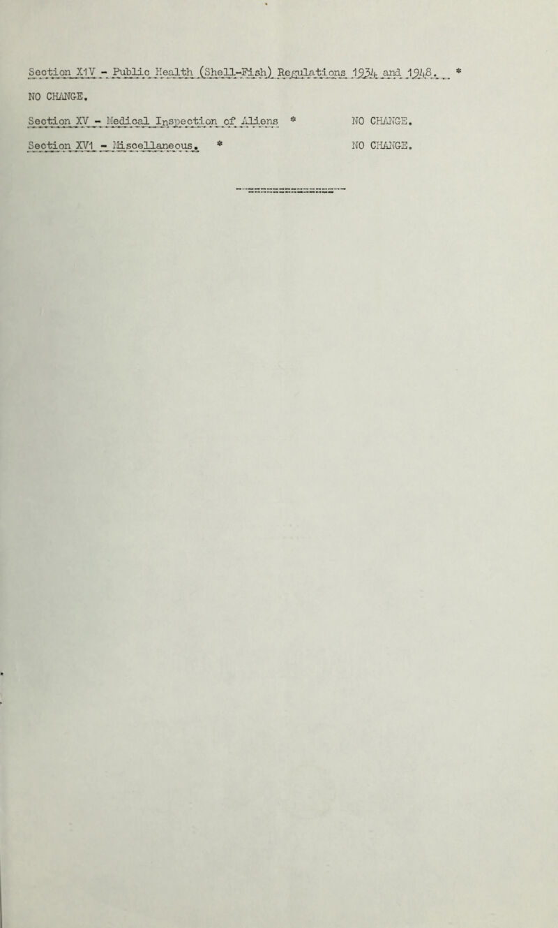 Section X1V - Public Health (Shell-Fish) Re/?ula-tions J NO CH/iNGE. Section XV ~ Mednca2 Inspectio of iiHens * NO CH/iNGE,