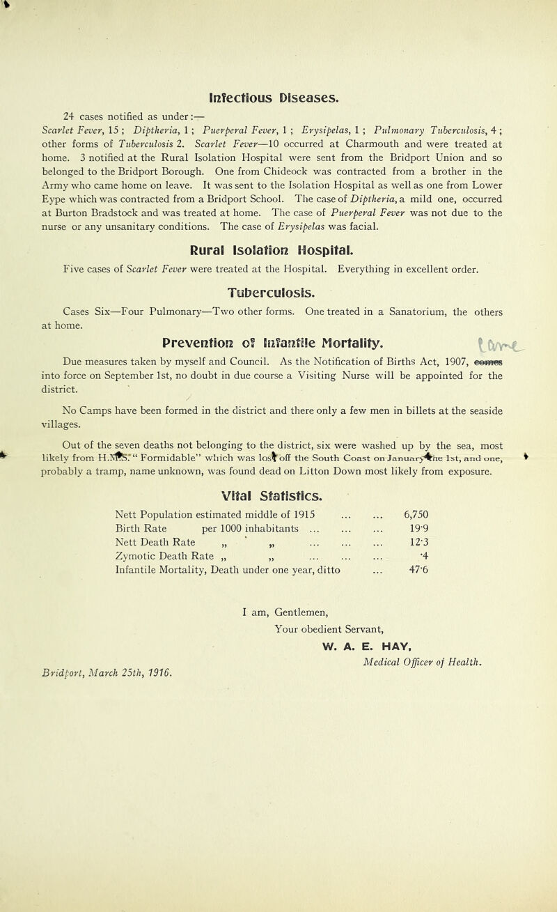 Infectious Diseases. 24 cases notified as under:— Scarlet Fever, 15 ; Diptheria, 1 ; Puerperal Fever, 1 ; Erysipelas, 1 ; Puhnonary Tuberculosis, 4 ; other forms of Tuberculosis 2. Scarlet Fever—10 occurred at Charmouth and were treated at home. 3 notified at the Rural Isolation Hospital were sent from the Bridport Union and so belonged to the Bridport Borough. One from Chideock was contracted from a brother in the Army who came home on leave. It was sent to the Isolation Hospital as well as one from Lower E}^e which was contracted from a Bridport School. The case of Diptheria, a mild one, occurred at Burton Bradstock and was treated at home. The case of Puerperal Fever was not due to the nurse or any unsanitary conditions. The case of Erysipelas was facial. Rural Isolation Itospital. Five cases of Scarlet Fever were treated at the Hospital. Everything in excellent order. Tuberculosis. Cases Six—Four Pulmonary—Two other forms. One treated in a Sanatorium, the others at home. Prevention of Infantile Mortality. Due measures taken by myself and Council. As the Notification of Births Act, 1907, emffm. into force on September 1st, no doubt in due course a Visiting Nurse will be appointed for the district. No Camps have been formed in the district and there only a few men in billets at the seaside villages. Out of the seven deaths not belonging to the district, six were washed up by the sea, most likely from H. Formidable” which was losVoff the South Coast on January^the 1st, and one, ^ probably a tramp, name unknown, was found dead on Litton Down most likely from exposure. Vital Statistics. Nett Population estimated middle of 1915 6,750 Birth Rate per 1000 inhabitants ... ... ... 19'9 Nett Death Rate „ * „ ... 12'3 Zymotic Death Rate „ „ ... ... ... *4 Infantile Mortality, Death under one year, ditto ... 47'6 I am. Gentlemen, Your obedient Servant, W. A. E. HAY. Medical Officer of Health. Bridport, March 25th, 1916.