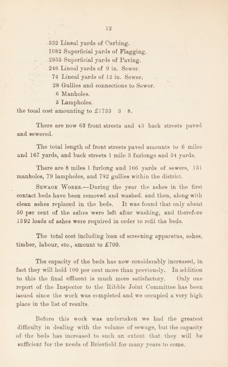 ■ 532 Lineal yards of Curbing. 1082 Superficial yards of Flagging. 2935 Superficial yards of Paving. 246 Lineal yards of 9 in. Sewer. 74 Lineal yards of 12 in. Sewer. 28 Gullies and connections to Sewer.^ 6 Manholes. 6 Lampholes. the tocal cost amounting to £l733 3 8. There are now 63 front streets and 43 back streets paved and sewered. The total length of front streets paved amounts to 6 miles and 167 yards, and back streets 1 mile 3 furlongs and 54 yards. There are 8 miles 1 furlong and 166 yards of sewers, 151 manholes, 79 lampholes, and 792 gullies within the district. Sewage Works.—During the year the ashes in the first contact beds have been removed and washed, and then, along with clean ashes replaced in the beds. It was found that only about 50 per cent of the ashes were left after washing, and therefore 13 92 loads of ashes were required in order to refil the beds. The total cost including loan of screening apparatus, ashes, timber, labour, etc., amount to £700. The capacity of the beds has now considerably increased, in fact they will hold 100 per cent more than previously. In addition to this the final effiuent is much more satisfactory. Only one report of the Inspector to the Dibble Joint Committee has been issued since the work was completed and we occupied a very high place in the list of results. Before this work was undertaken we had the greatest difficulty in dealing with the volume of sewage, but the capacity of the beds has increased to such an extent that they will be sufficient for the needs of Brierfield for many years to come.