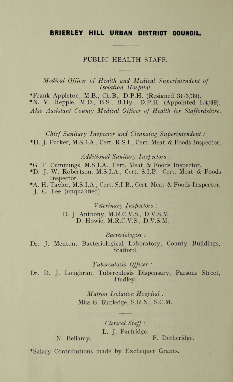 PUBLIC HEALTH STAFF. Medical Officer of Health and Medical Superintendent of Isolation Hospital. ♦Frank Appleton, M.B., Ch.B., D.P.H. (Resigned 31/3/39). *N. V. Hepple, M.D., B.S., B.Hy., D.P.H. (Appointed 1/4/39). Also Assistant County Medical Officer of Health for Staffordshire. Chief Sanitary Inspector and Cleansing Superintendent : *H. J. Parker, M.S.I.A., Cert. R.S.I., Cert. Meat & Foods Inspector. Additional Sanitary Inspectors : *G. T. Cummings, M.S.I.A., Cert. Meat & Foods Inspector. *D. J. W. Robertson, M.S.I.A., Cert. S.I.B. Cert. Meat & Foods Inspector. ♦A. H. Taylor, M.S.I.A., Cert. S.I.B., Cert. Meat & Foods Inspector. J. C. Lee (unqualified). Veterinary Inspectors : D. J. Anthony, M.R.C.V.S., D.V.S.M. D. Howie, M.R.C.V.S., D.V.S.M. Bacteriologist : Dr. J. Menton, Bacteriological Laboratory, County Buildings, Stafford. Tuberculosis Officer : Dr. D. J. Loughran, Tuberculosis Dispensary, Parsons Street, Dudley. Matron Isolation Hospital : Miss G. Rutledge, S.R.N., S.C.M. Clerical Staff : L. j. Partridge. N. Bellamy. F. Detheridge. ♦Salary Contributions made by Exchequer Grants.