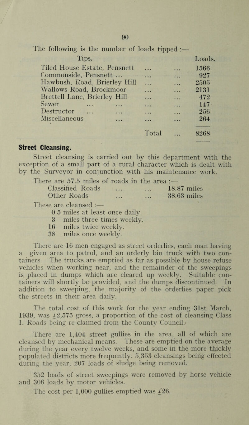 The following is the number of loads tipped :— Tips. Loads. Tiled House Estate, Pensnett 1566 Commonside, Pensnett ... 927 Hawbush, Road, Brierley Hill 2505 Wallows Road, Brockmoor 2131 Brettell Lane, Brierley Hill 472 Sewer 147 Destructor 256 Miscellaneous 264 Total 8268 Street Cleansing. Street cleansing is carried out by this department with the exception of a small part of a rural character which is dealt with by the Surveyor in conjunction with his maintenance work. There are 57.5 miles of roads in the area :— Classified Roads ... ... 18.87 miles Other Roads ... ... 38.63 miles These are cleansed :— 0.5 miles at least once daily. 3 miles three times weekly. 16 miles twice weekly. 38 miles once weekly. There are 16 men engaged as street orderlies, each man having a given area to patrol, and an orderly bin truck with two con- tainers. The trucks are emptied as far as possible by house refuse vehicles when working near, and the remainder of the sweepings is placed in dumps which are cleared up weekly. Suitable con- tainers will shortly be provided, and the dumps discontinued. In addition to sweeping, the majority of the orderlies paper pick the streets in their area daily. The total cost of this work for the year ending 31st March, 1939, was £2,575 gross, a proportion of the cost of cleansing Class I. Roads being re-claimed from the County Council.- There are 1,404 street gullies in the area, all of which are cleansed by mechanical means. These are emptied on the average during the year every twelve weeks, and some in the more thickly populated districts more frequently. 5,353 cleansings being effected during the year, 207 loads of sludge being removed. 352 loads of street sweepings were removed by horse vehicle and 306 loads by motor vehicles. The cost per 1,000 gullies emptied was £26.