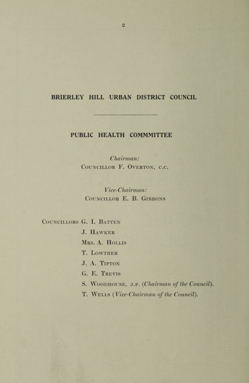 BRIERLEY HILL URBAN DISTRICT COUNCIL PUBLIC HEALTH COMMMITTEE Chairman: Councillor F. Overton, c.c. Vice-Chairman: Councillor E. B. Gibbons Councillors G. I. Batten J. Hawker Mrs. a. Hollis T. Lowther J. A. Tipton G. E. Trevis S. WooDHOusE, j.p. (Chairman of the Council). T. Wells (Vice-Chairman of the Council).