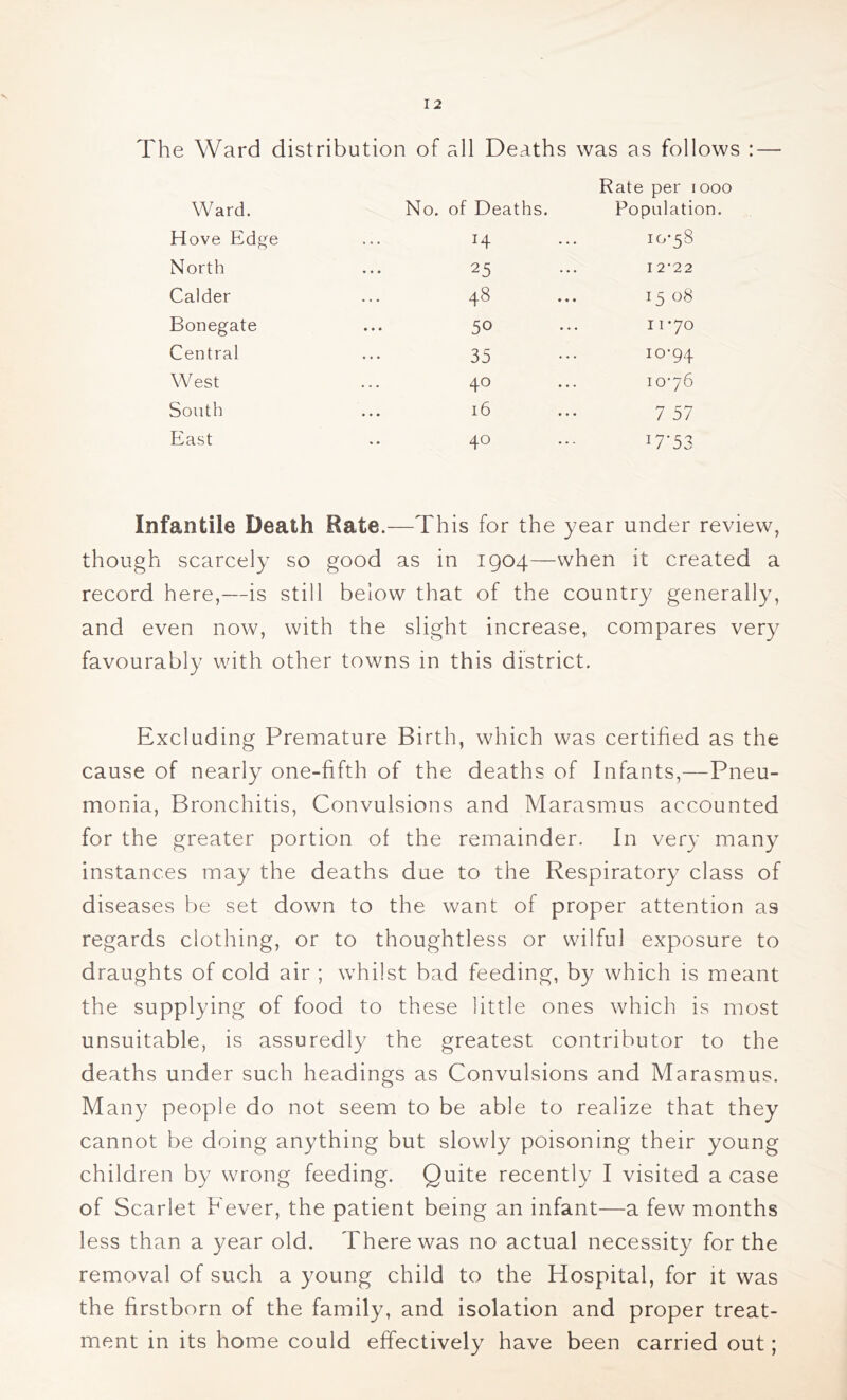 The Ward distribution of all Deaths was as follows : Ward. No. of Deaths. Rate per 1000 Population. Hove Edge 14 10-58 North 25 12-22 Calder 48 15 08 Bonegate 50 I I -70 Central 35 10-94 West 40 10-76 South 16 7 57 East 40 17*53 Infantile Death Rate.—This for the year under review, though scarcely so good as in 1904—when it created a record here,—is still below that of the country generally, and even now, with the slight increase, compares very favourably with other towns in this district. Excluding Premature Birth, which was certified as the cause of nearly one-fifth of the deaths of Infants,—Pneu- monia, Bronchitis, Convulsions and Marasmus accounted for the greater portion of the remainder. In very many instances may the deaths due to the Respiratory class of diseases be set down to the want of proper attention as regards clothing, or to thoughtless or wilful exposure to draughts of cold air ; whilst bad feeding, by which is meant the supplying of food to these little ones which is most unsuitable, is assuredly the greatest contributor to the deaths under such headings as Convulsions and Marasmus. Many people do not seem to be able to realize that they cannot be doing anything but slowly poisoning their young children by wrong feeding. Quite recently I visited a case of Scarlet Fever, the patient being an infant—a few months less than a year old. There was no actual necessity for the removal of such a young child to the Hospital, for it was the firstborn of the family, and isolation and proper treat- ment in its home could effectively have been carried out;