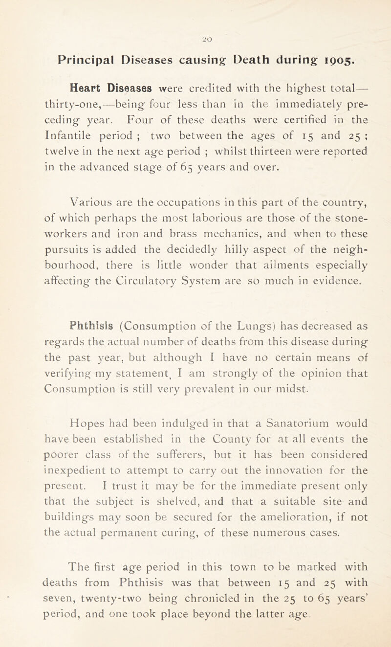 Principal Diseases causing: Death during: 1905. Heart Diseases were credited with the highest total— thirty-one,—being four less than in the immediately pre- ceding year. Four of these deaths were certified in the Infantile period ; two between the ages of 15 and 25 ; twelve in the next age period ; whilst thirteen were reported in the advanced stage of 65 years and over. Various are the occupations in this part of the country, of which perhaps the most laborious are those of the stone- workers and iron and brass mechanics, and when to these pursuits is added the decidedly hilly aspect of the neigh- bourhood, there is little wonder that ailments especially affecting the Circulatory System are so much in evidence. Phthisis (Consumption of the Lungs) has decreased as regards the actual number of deaths from this disease during the past year, but although I have no certain means of verifying: my statement^ I am strongly of the opinion that Consumption is still very prevalent in our midst. Hopes had been indulged in that a Sanatorium would have been established in the County for at all events the poorer class of the sufferers, but it has been considered inexpedient to attempt to carry out the innovation for the present. I trust it may be for the immediate present only that the subject is shelved, and that a suitable site and buildings may soon be secured for the amelioration, if not the actual permanent curing, of these numerous cases. The first age period in this town to be m^arked with deaths from Phthisis was that between 15 and 25 with seven, twenty-two being chronicled in the 25 to 65 years’ period, and one took place beyond the latter age
