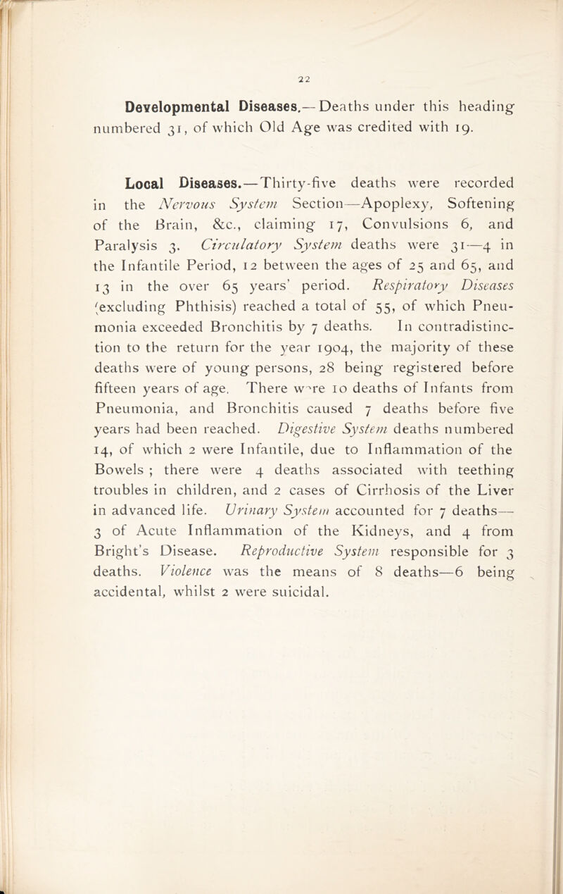 Developmental Diseases.— Deaths under this heading* numbered 31, of which Old Age was credited with 19. Local Diseases.—Thirty-five deaths were recorded in the Nervous System Section—Apoplexy, Softening of the Brain, &c., claiming 17, Convulsions 6, and Paralysis 3. Circiilatory System deaths were 31—4 in the Infantile Period, 12 between the ages of 25 and 65, and 13 in the over 65 years’ period. Respiratory Diseases (excluding Phthisis) reached a total of 55, of which Pneu- monia exceeded Bronchitis by 7 deaths. In contradistinc- tion to the return for the year 1904, the majority of these deaths were of young persons, 28 being registered before fifteen years of age. There w^re 10 deaths of Infants from Pneumonia, and Bronchitis caused 7 deaths before five years had been reached. Digestive System deaths numbered 14, of which 2 were Infantile, due to Inflammation of the Bowels ; there were 4 deaths associated with teething troubles in children, and 2 cases of Cirrhosis of the Liver in advanced life. Urinary System accounted for 7 deaths— 3 of Acute Inflammation of the Kidneys, and 4 from Bright’s Disease. Reproductive System responsible for 3 deaths. Violence was the means of 8 deaths—6 being