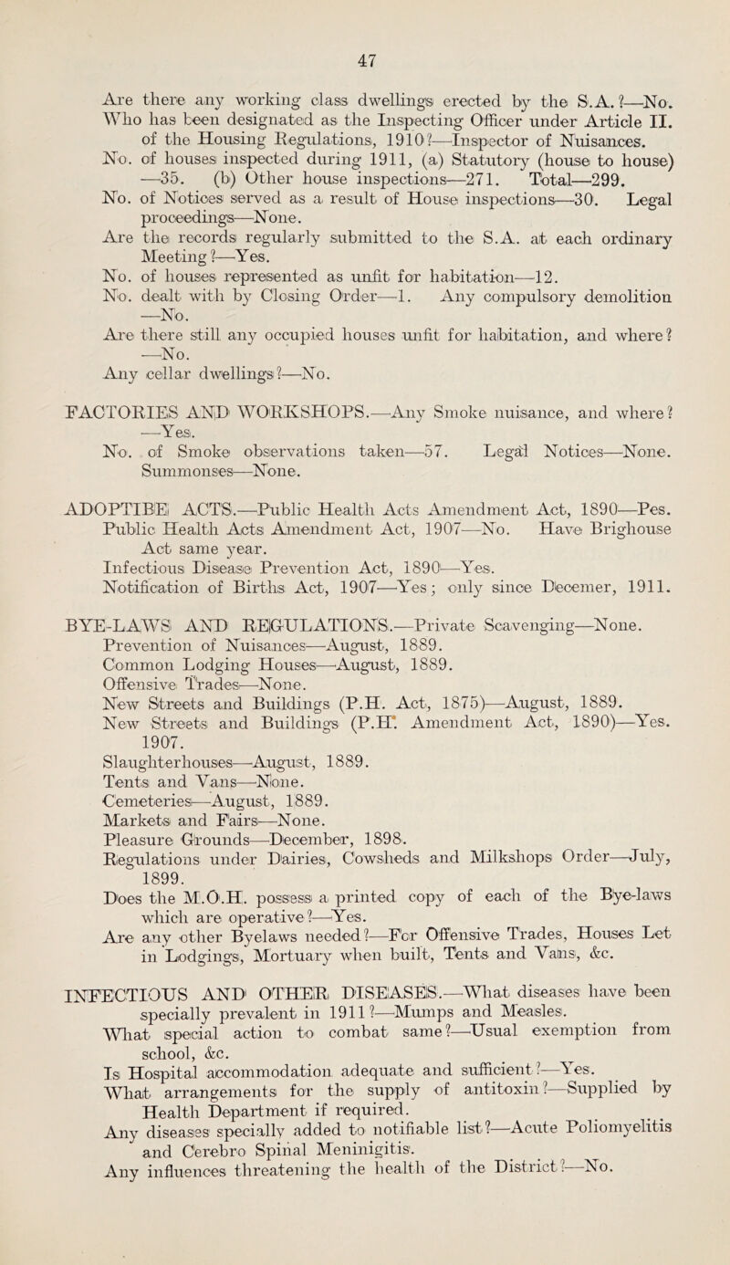 Are there any working class dwellings erected by the S.A. ?—^No. Who has been designated as the Inspecting Officer under Article II. of the Housing Regulationsi, 1910 ?—^Insp'ector of Nuisances. No. of houses inspected during 1911, (a) Statutoi’y (house to house) —^35. (b) Other house inspections—271. Total—299. No. of Notices served as a. result of House inspections.—30. Legal proceedingis—^None. Are the records regularly submitted to the S.A. at each ordinary Meeting ?—Yes. No. of houses represented as unfit for habitation—^12. No. dealt with by Closing Order—^1. Any compulsory demolition —No. Are there still any occupied houses unlit for haibitation, and where ? —No. Any cellar dwellings?—No. FACTORIES ANiD WORKSHOPS.—^Any Smoke nuisance, and where? .—Yes. No. of Smoke observations taken—57. Legaii Notices—^None. Summonses—None. AHOPTIBEl ACT'S.—Public Health Acts Amendment Act, 1890^—^Pes. Public Health Acts Amendment Act, 1907—No. Have Brighouse Act same year. Infectious Disease Prevention Act, 1890^—^Yes. Notification of Births Act, 1907—^Yes; only since Diecemer, 1911. BYE-LAWS: AND REiOULATIONS.-Private Scavenging—None. Prevention of Nuisances—^August, 1889. Common Lodging Houses—'August, 1889. Offensive: Ttadesi—^None. New Streets and Buildings (P.H. Act, 1875)—August, 1889. New Streets and Buildings (P.PI*. Amendment Act, 1890)—Yes. 1907. Slaught erhouses—^ August, 1889. Tents and Vans—^None. Cemeteriesi—August, 1889. Markets and F'airs.—None. Pleasure Girounds—^December, 1898'. Regulations under Dairies, Cowsheds and Milkshopis Order—July, 1899. Does the M.O'.H. possesis a printed copy of each of the ByeJaws which are operative ?—-Yes. Are any other Byelaws needed ?—^F'cr Offensive Trades, Houses Let in Lodgings, Mortuary when built, Tents and Vans, &c. INFECTIOUS AND' OTHER DISEASES.—^What diseases have been .specially prevalent in 1911?—^Mumps and Measles. Wliat special action to combat same?—^Usual exemption from school, &c. Is Hospital accommodation adequate and sufficient?—Yes. What arrangements for the supply of antitoxin?—Supplied by Health Department if required. Any diseases specially added to notifiable list? Acute Poliomyelitis and Cerebro Spinal Meninigitis. Any influences threatening the health of the Distiicti No.