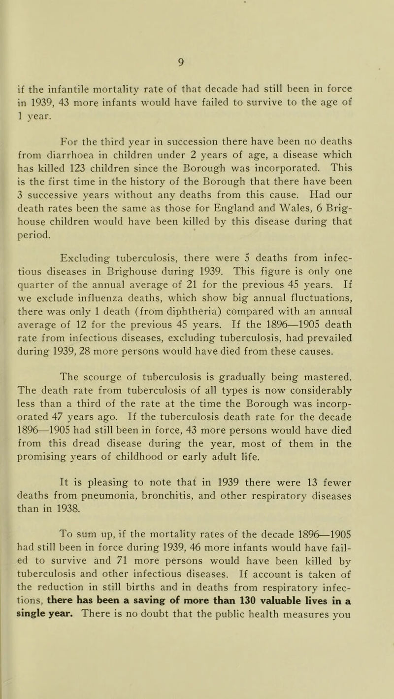 if the infantile mortality rate of that decade had still been in force in 1939, 43 more infants would have failed to survive to the age of 1 year. For the third year in succession there have been no deaths from diarrhoea in children under 2 years of age, a disease which has killed 123 children since the Borough was incorporated. This is the first time in the history of the Borough that there have been 3 successive years without any deaths from this cause. Had our death rates been the same as those for England and Wales, 6 Brig- house children would have been killed by this disease during that period. Excluding tuberculosis, there were 5 deaths from infec- tious diseases in Brighouse during 1939. This figure is only one quarter of the annual average of 21 for the previous 45 years. If we exclude influenza deaths, which show big annual fluctuations, there was only 1 death (from diphtheria) compared with an annual average of 12 for the previous 45 years. If the 1896—1905 death rate from infectious diseases, excluding tuberculosis, had prevailed during 1939, 28 more persons would have died from these causes. The scourge of tuberculosis is gradually being mastered. The death rate from tuberculosis of all types is now considerably less than a third of the rate at the time the Borough was incorp- orated 47 years ago. If the tuberculosis death rate for the decade 1896—1905 had still been in force, 43 more persons would have died from this dread disease during the year, most of them in the promising years of childhood or early adult life. It is pleasing to note that in 1939 there were 13 fewer deaths from pneumonia, bronchitis, and other respiratory diseases than in 1938. To sum up, if the mortality rates of the decade 1896—1905 had still been in force during 1939, 46 more infants would have fail- ed to survive and 71 more persons would have been killed by tuberculosis and other infectious diseases. If account is taken of the reduction in still births and in deaths from respiratory infec- tions, there has been a saving of more than 130 valuable lives in a single year. There is no doubt that the public health measures you