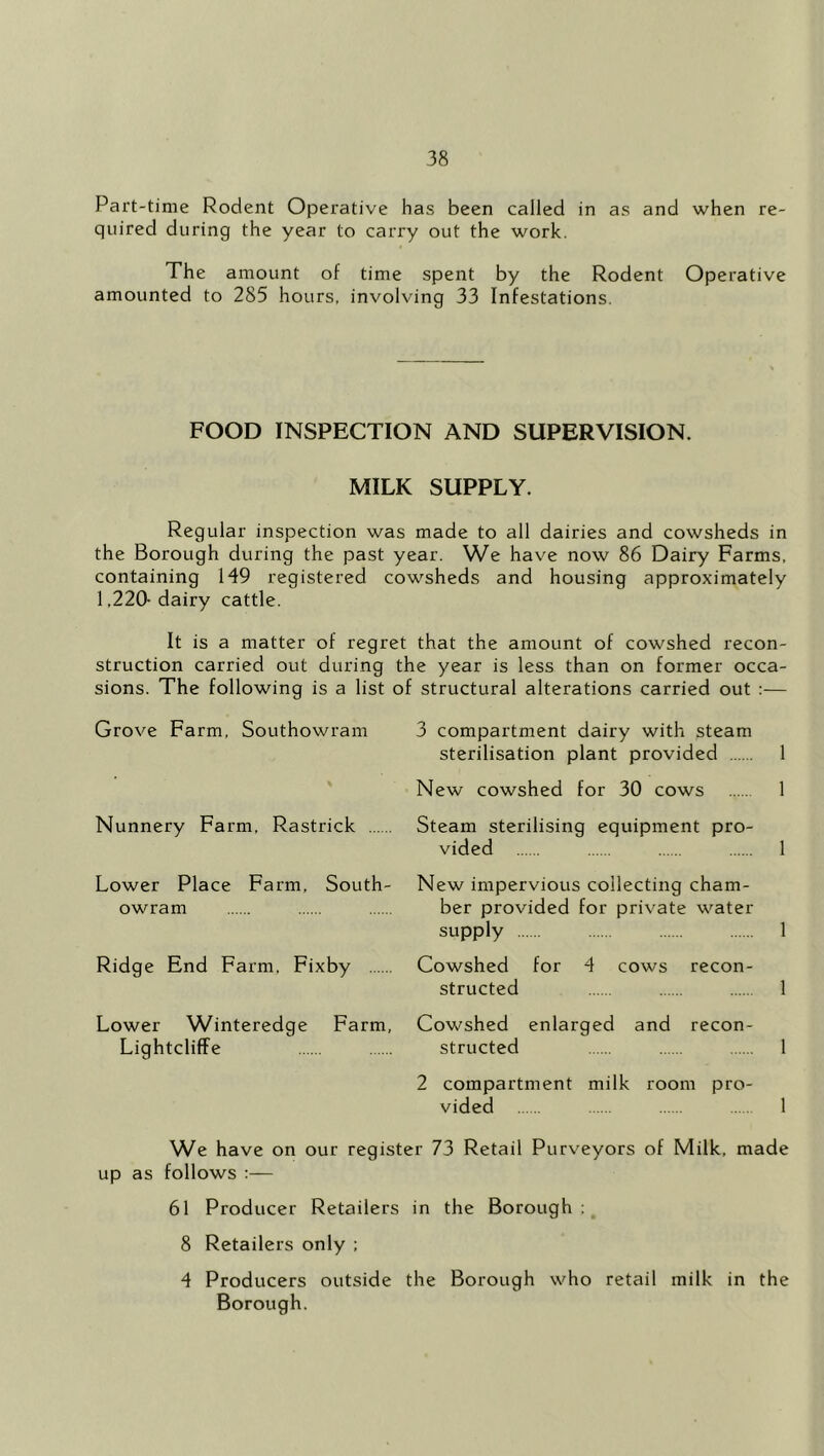 Part-time Rodent Operative has been called in as and when re- quired during the year to carry out the work. The amount of time spent by the Rodent Operative amounted to 285 hours, involving 33 Infestations. FOOD INSPECTION AND SUPERVISION. MILK SUPPLY. Regular inspection was made to all dairies and cowsheds in the Borough during the past year. We have now 86 Dairy Farms, containing 149 registered cowsheds and housing approximately 1,220- dairy cattle. It is a matter of regret that the amount of cowshed recon- struction carried out during the year is less than on former occa- sions. The following is a list of structural alterations carried out :— Grove Farm, Southowram Nunnery Farm, Rastrick Lower Place Farm, South- owram Ridge End Farm, Fixby Lower Winteredge Farm, LightclifFe 3 compartment dairy with steam sterilisation plant provided 1 New cowshed for 30 cows 1 Steam sterilising equipment pro- vided 1 New impervious collecting cham- ber provided for private water supply 1 Cowshed for 4 cows recon- structed 1 Cowshed enlarged and recon- structed 2 compartment milk room pro- vided We have on our register 73 Retail Purveyors of Milk, made up as follows :— 61 Producer Retailers in the Borough ; 8 Retailers only ; 4 Producers outside the Borough who retail milk in the Borough.