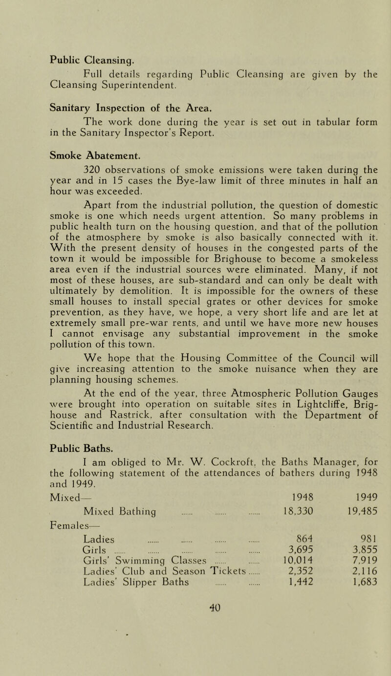 Public Cleansing. Full details regarding Public Cleansing are given by the Cleansing Superintendent. Sanitary Inspection of the Area. The work done during the year is set out in tabular form in the Sanitary Inspector’s Report. Smoke Abatement. 320 observations of smoke emissions were taken during the year and in 15 cases the Bye-law limit of three minutes in half an hour was exceeded. Apart from the industrial pollution, the question of domestic smoke is one which needs urgent attention. So many problems in public health turn on the housing question, and that of the pollution of the atmosphere by smoke is also basically connected with it. With the present density of houses in the congested parts of the town it would be impossible for Brighouse to become a smokeless area even if the industrial sources were eliminated. Many, if not most of these houses, are sub-standard and can only be dealt with ultimately by demolition. It is impossible for the owners of these small houses to install special grates or other devices for smoke prevention, as they have, we hope, a very short life and are let at extremely small pre-war rents, and until we have more new houses I cannot envisage any substantial improvement in the smoke pollution of this town. We hope that the Housing Committee of the Council will give increasing attention to the smoke nuisance when they are planning housing schemes. At the end of the year, three Atmospheric Pollution Gauges were brought into operation on suitable sites in Lightcliffe, Brig- house and Rastrick, after consultation with the Department of Scientific and Industrial Research. Public Baths. I am obliged to Mr. W. Cockroft, the Baths Manager, for the following statement of the attendances of bathers during 1948 and 1949. Mixed- 1948 1949 Mixed Bathing 18,330 19,485 Females— Ladies 864 981 Girls 3,695 3,855 Girls’ Swimming Classes 10,014 7,919 Ladies’ Club and Season Tickets 2,352 2,116 Ladies’ Slipper Baths 1,442 1,683