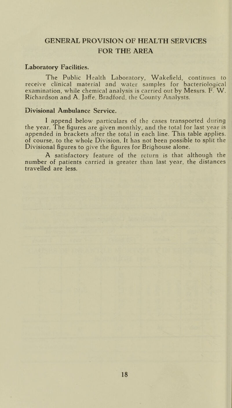 GENERAL PROVISION OF HEALTH SERVICES FOR THE AREA Laboratory Facilities. The Public Health Laboratory, Wakefield, continues to receive clinical material and water samples for bacteriological examination, while chemical analysis is carried out by Messrs. F. W. Richardson and A. JafFe, Bradford, the County Analysts. Divisional Ambulance Service. I append below particulars of the cases transported during the year. The figures are given monthly, and the total for last year is appended in brackets after the total in each line. This table applies, of course, to the whole Division. It has not been possible to split the Divisional figures to give the figures for Brighouse alone. A satisfactory feature of the return is that although the number of patients carried is greater than last year, the distances travelled are less.