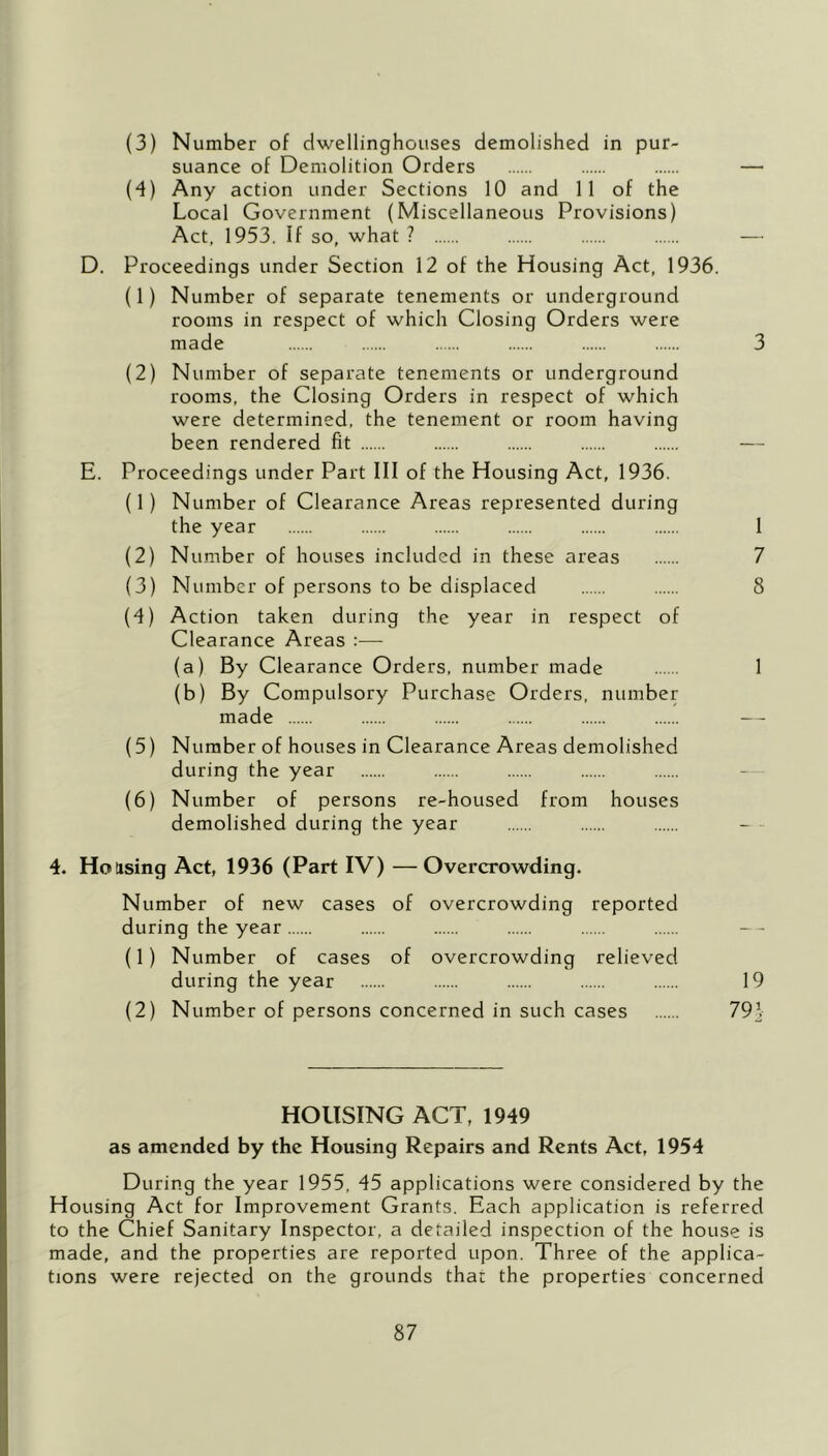 (3) Number of dwellinghouses demolished in pur- suance of Demolition Orders — (d) Any action under Sections 10 and 11 of the Local Government (Miscellaneous Provisions) Act, 1953. If so, what ? — D. Proceedings under Section 12 of the Housing Act, 1936. (1) Number of separate tenements or underground rooms in respect of which Closing Orders were made 3 (2) Number of separate tenements or underground rooms, the Closing Orders in respect of which were determined, the tenement or room having been rendered fit — E. Proceedings under Part III of the Housing Act, 1936. (1) Number of Clearance Areas represented during the year 1 (2) Number of houses included in these areas 7 (3) Number of persons to be displaced 8 (4) Action taken during the year in respect of Clearance Areas :— (a) By Clearance Orders, number made 1 (b) By Compulsory Purchase Orders, number made (5) Number of houses in Clearance Areas demolished during the year (6) Number of persons re-housed from houses demolished during the year 4. Housing Act, 1936 (Part IV) —Overcrowding. Number of new cases of overcrowding reported during the year (1) Number of cases of overcrowding relieved during the year 19 (2) Number of persons concerned in such cases 79^ HOUSING ACT, 1949 as amended by the Housing Repairs and Rents Act, 1954 During the year 1955, 45 applications were considered by the Housing Act for Improvement Grants. Each application is referred to the Chief Sanitary Inspector, a detailed inspection of the house is made, and the properties are reported upon. Three of the applica- tions were rejected on the grounds that the properties concerned