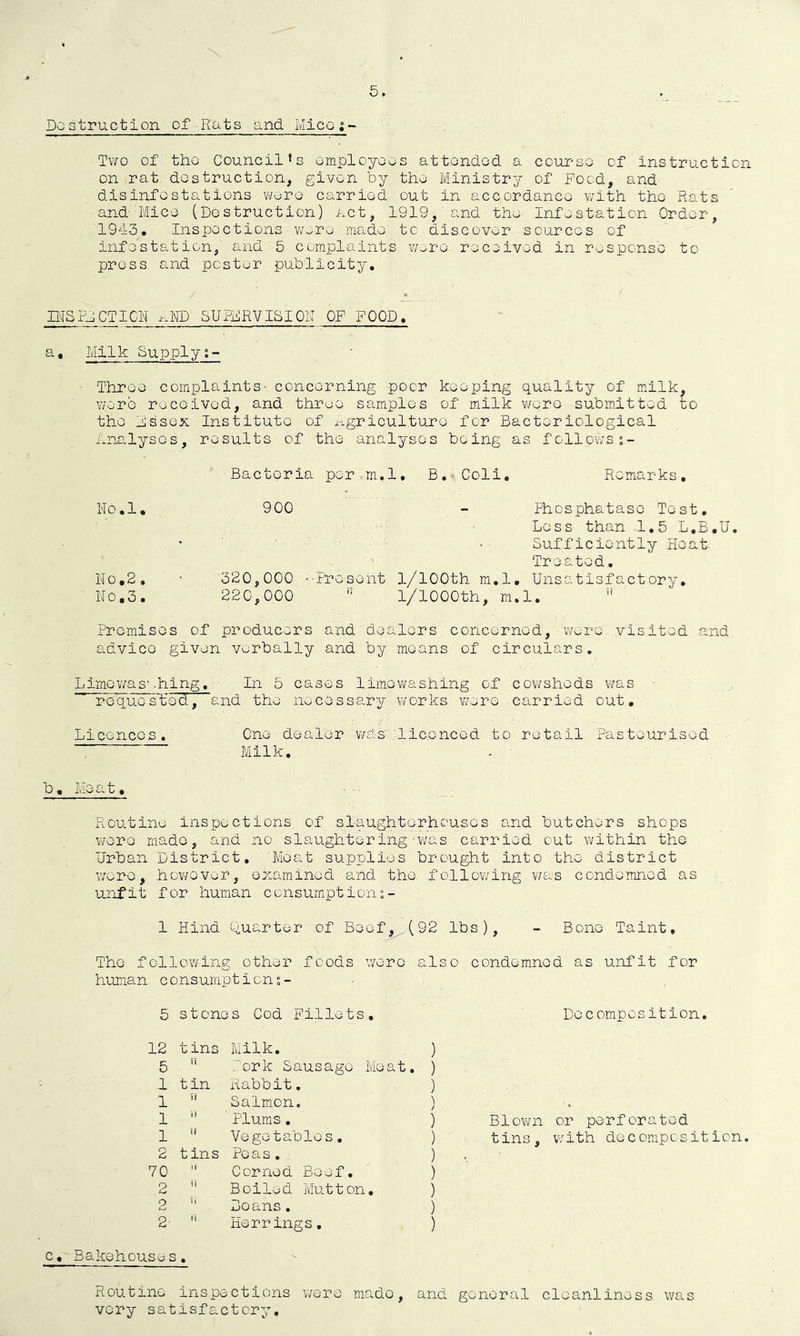 Destruction of Rats and MIcq;- Two of tho Council*s omployoos attondod a course of instruction on rat destruction, given by the Ministry of Pood, and disinfestations v^ero carried out in accordance v;ith the Rats and'Mlce (Dostruction) act, 1919, and th^ Infestation Order, 1943, Inspections w^re made to discover sources of . infestation, and'5 complaints were received in rosponse to press and poster publicity. riiSFaCTICh ^-ND SUFMRVISION OF FOOD, a. Milk Supply Three complaints- concerning poor keeping quality of milk, v/erb received, and three samplos of milk v/oro subm.itted to tho Dssex Institute of i-igriculturo for Bacteriological i.nalysos, results of the analyses being as follows Bacteria per m.l, B, Coli, Remarks, No.l, 900 - Phosphatase Test, Loss than 1,5 L,B,U. •- Sufficiently Heat ' Treated, No,2, ' 320,000 '-Present 1/lOOth m,l. Unsatisfactory, No.3, 220,000 1/lOOOth, m.l,  Promises of producers and dealers concerned, were visited and advice given vo-rbally and by moans of circulars, Limo¥/as'.hing, - In 5 cases limowashing of cowsheds v/as • rGqud¥t'ed7 and the necessary works v/ere carried out. Licences. One dealer v/as licenced to retail Pasteurised Milk, . ' b, itiC' at. F^cutine inspections of slaughterhouses and butchers shops vvore made, and no slaughtering • was carried cut within tho Urban District, Moat supplies brought into tho district were, however, examined and tho. follov/ing v;as condemned as unfit for human censumption°- 1 Hind Quarter of Beef, (92 lbs), - Bone Taint, Tho following other foods wero also condemned as unfit for human consumptions- 5 stones Cod Fillets. 12 5 1 1 1 1 2 70 2 2 2 tins Milk, Pork Sausage Meat, tin Rabbit,  Salmon. Plums, '* Vegetables, tins Poas,  Corned Beef.  Boiled Mutton,  Doans.  Herrings, ) ) ) 'i > ) ) ) ) ) ) ) c,' Bakehouses, Decomposition, Blovm or perforated tins, v;ith decomposition. Routine inspections were made, and general cleanliness was very satisfactory.