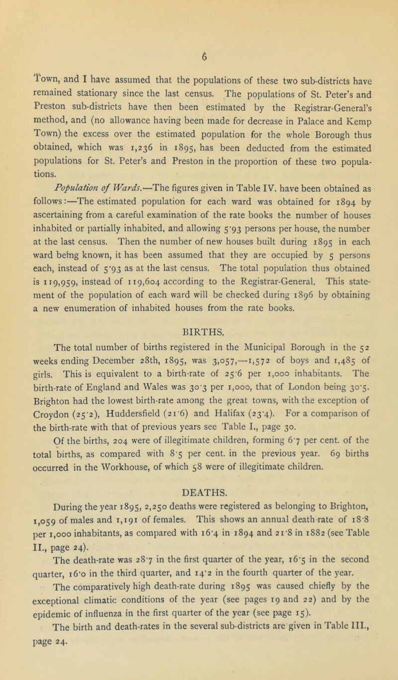 Town, and I have assumed that the populations of these two sub-districts have remained stationary since the last census. The populations of St. Peter’s and Preston sub-districts have then been estimated by the Registrar-General’s method, and (no allowance having been made for decrease in Palace and Kemp Town) the excess over the estimated population for the whole Borough thus obtained, which was 1,236 in 1895, has been deducted from the estimated populations for St. Peter’s and Preston in the proportion of these two popula- tions. Population of Wards.—The figures given in Table IV. have been obtained as follows:—The estimated population for each ward was obtained for 1894 by ascertaining from a careful examination of the rate books the number of houses inhabited or partially inhabited, and allowing 5‘93 persons per house, the number at the last census. Then the number of new houses built during 1895 in each ward being known, it has been assumed that they are occupied by 5 persons each, instead of 5'93 as at the last census. The total population thus obtained is 119,959, instead of 119,604 according to the Registrar-General. This state- ment of the population of each ward will be checked during 1896 by obtaining a new enumeration of inhabited houses from the rate books. BIRTHS. The total number of births registered in the Municipal Borough in the 52 weeks ending December 28th, 1895, 3>°57)—^>572 of boys and 1,485 of girls. This is equivalent to a birth-rate of 25-6 per 1,000 inhabitants. The birth-rate of England and Wales was 30-3 per 1,000, that of London being 30'5. Brighton had the lowest birth-rate among the great towns, with the exception of Croydon (25’2), Huddersfield (21 6) and Halifax (23'4). For a comparison of the birth-rate with that of previous years see Table L, page 30. Of the births, 204 were of illegitimate children, forming 67 per cent, of the total births, as compared with 8'5 per cent, in the previous year. 69 births occurred in the Workhouse, of which 58 were of illegitimate children. DEATHS. During the year 1895, 2,250 deaths were registered as belonging to Brighton, I, 059 of males and 1,191 of females. This shows an annual death-rate of i8-8 per 1,000 inhabitants, as compared with i6'4 in 1894 and 2i’8 in 1882 (see Table II. , page 24). The death-rate was 287 in the first quarter of the year, i6’5 in the second quarter, i6‘o in the third quarter, and i4’2 in the fourth quarter of the year. The comparatively high death-rate during 1895 was caused chiefly by the exceptional climatic conditions of the year (see pages 19 and 22) and by the epidemic of influenza in the first quarter of the year (see page 15). The birth and death-rates in the several sub-districts are given in Table III., page 24.