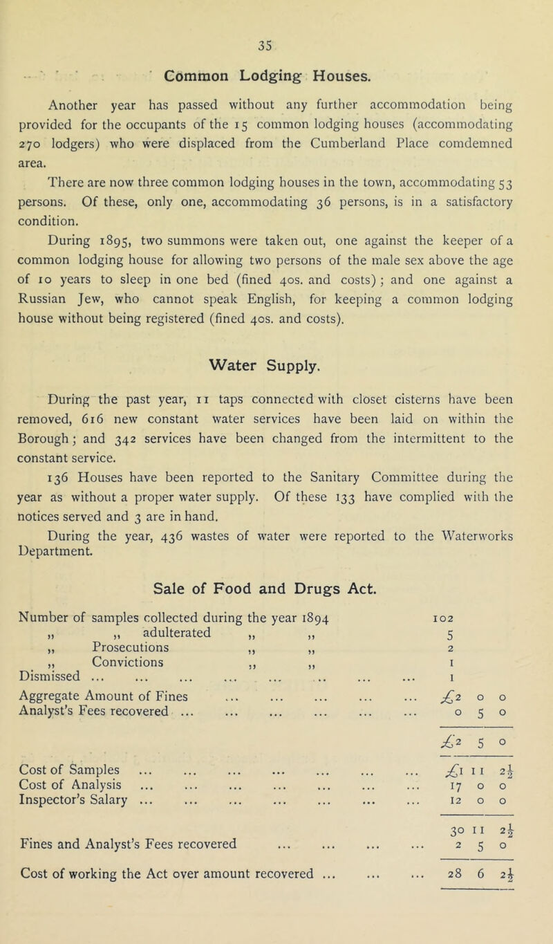 Common Lodging Houses. Another year has passed without any further accommodation being provided for the occupants of the 15 common lodging houses (accommodating 270 lodgers) who were displaced from the Cumberland Place comdemned area. There are now three common lodging houses in the town, accommodating 53 persons. Of these, only one, accommodating 36 persons, is in a satisfactory condition. During 1895, two summons were taken out, one against the keeper of a common lodging house for allowing two persons of the male sex above the age of 10 years to sleep in one bed (fined 40s. and costs); and one against a Russian Jew, who cannot speak English, for keeping a common lodging house without being registered (fined 40s, and costs). Water Supply. During the past year, ii taps connected with closet cisterns have been removed, 616 new constant water services have been laid on within the Borough; and 342 services have been changed from the intermittent to the constant service. 136 Houses have been reported to the Sanitary Committee during the year as without a proper water supply. Of these 133 have complied with the notices served and 3 are in hand. During the year, 436 wastes of water were reported to the Waterworks Department. Sale of Food and Drugs Act. Number of samples collected during the year 1894 102 „ „ adulterated „ ,, 5 „ Prosecutions ,, „ 2 „ Convictions ,, „ I Dismissed ... 1 Aggregate Amount of Fines Analyst’s Fees recovered ... - £2 0 0 0 5 0 £'^ 5 0 Cost of Samples ... £^ 11 2^ Cost of Analysis Inspector’s Salary ... 17 0 0 12 0 0 30 11 2^ Fines and Analyst’s Fees recovered ... 2 5 0 Cost of working the Act over amount recovered ... 28 6 2^