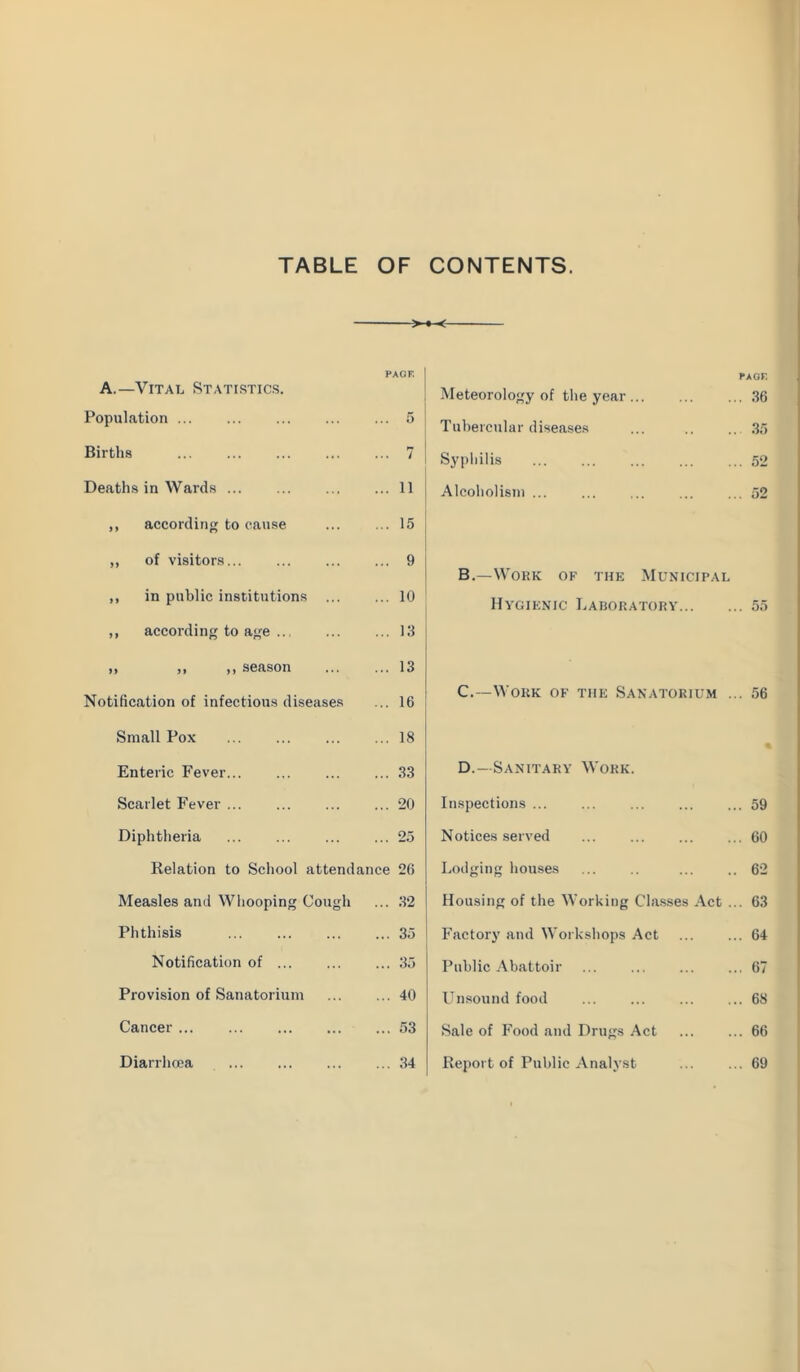 TABLE OF CONTENTS. paof: A.—Vital Statistics. Population .5 Births 7 Deaths in Wards 11 ,, according to cause ... ... 15 ,, of visitors 9 ,, in public institutions 10 ,, according to age 13 ,, ,, ,, season 13 Notification of infectious diseases ... 16 Small Pox 18 Enteric Fever 33 Scarlet Fever 20 Diphtheria 25 Relation to School attendance 26 Measles and Whooping Cough ... 32 Phthisis 35 Notification of 35 Provision of Sanatorium 40 Cancer .53 Diarrhoea 34 ♦-< Meteorology of the year ... 36 Tubercular diseases 35 Syi)liilis 52 Alcoholism ... 52 B.—Work of the Municipal Hygienic Laboratory 55 C.—Work of the Sanatorium ... 56 D.—Sanitary Work. Inspections 59 Notices served 60 Lodging houses ... .. ... .. 62 Housing of the Working Classes Act ... 63 Factorj’ and Workshops .^ct ... ... 64 Public Abattoir 67 Unsound food ... ... ... ... 68 Sale of Food and Drugs Act 66 Report of Public Analyst ... ... 69