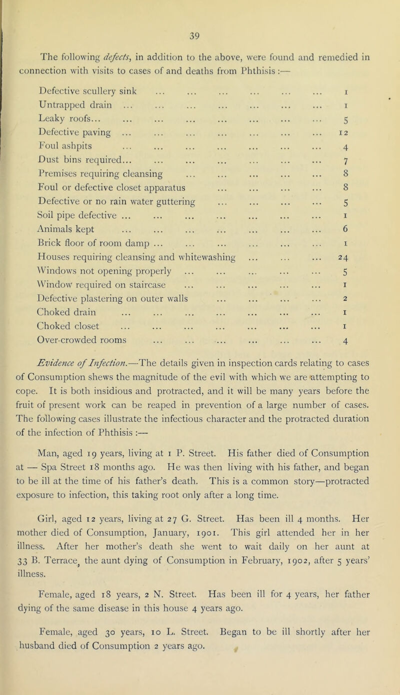 The following defects^ in addition to the above, were found and remedied in connection with visits to cases of and deaths from Phthisis :— Defective scullery sink ... ... ... ... ... ... i Untrapped drain ... ... ... ... ... ... ... i Leaky roofs... ... ... ... ... ... ... ... 5 Defective paving ... ... ... ... ... ... ... 12 Foul ashpits ... ... ... ... ... ... ... 4 Dust bins required... ... ... ... ... ... ... 7 Premises requiring cleansing ... ... ... ... ... 8 Foul or defective closet apparatus ... ... ... ... 8 Defective or no rain water guttering ... ... ... ... 5 Soil pipe defective ... ... ... ... ... ... ... i Animals kept ... ... ... ... ... ... ... 6 Brick floor of room damp ... ... ... ... ... ... i Houses requiring cleansing and whitewashing ... ... ... 24 ^Vindows not opening properly ... ... ... ... ... 5 ^V'indow required on staircase ... ... ... ... ... i Defective plastering on outer walls ... ... ... ... 2 Choked drain ... ... ... ... ... ... ... i Choked closet ... ... ... ... ... ... ... i Over-crowded rooms ... ... ... ... ... ... 4 Evidence of Infection.—The details given in inspection cards relating to cases of Consumption shews the magnitude of the evil with which we are ‘attempting to cope. It is both insidious and protracted, and it will be many years before the fruit of present work can be reaped in prevention of a large number of cases. The following cases illustrate the infectious character and the protracted duration of the infection of Phthisis :— Man, aged 19 years, living at i P. Street. His father died of Consumption at — Spa Street 18 months ago. He was then living with his father, and began to be ill at the time of his father’s death. This is a common story—protracted exposure to infection, this taking root only after a long time. Girl, aged 12 years, living at 27 G. Street. Has been ill 4 months. Her mother died of Consumption, January, 1901. This girl attended her in her illness. After her mother’s death she went to wait daily on her aunt at 33 B. Terrace^ the aunt dying of Consumption in February, 1902, after 5 years’ illness. Female, aged 18 years, 2 N. Street. Has been ill for 4 years, her father dying of the same disease in this house 4 years ago. Female, aged 30 years, 10 L. Street. Began to be ill shortly after her husband died of Consumption 2 years ago.