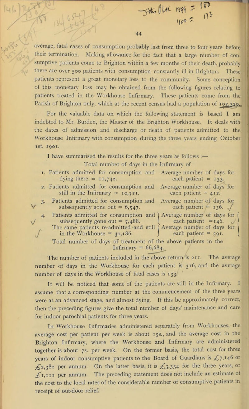 4 r\ - {TD ^ I IfiTP 1*1^ 44 V average, fatal cases of consumption probably last from three to four years before ^ their termination. Making allowance for the fact that a large number of con- - sumptive patients come to Brighton within a few months of their death, probably there are over 500 patients with consumption constantly ill in Brighton. 'I'hese patients represent a great monetary loss to the community. Some conception of this monetary loss may be obtained from the following figures relating to patients treated in the Workhouse Infirmary, 'i'hese patients come from the Parish of Brighton only, which at the recent census had a population of io2.-t2Q. For the valuable data on which the following statement is based I am indebted to Mr. Burden, the Master of the Brighton Workhouse. It deals with the dates of admission and discharge or death of patients admitted to the Workhouse Infirmary with consumption during the three years ending October I St. 1901. I have summarised the results for the three years as follows :— Total number of days in the Infirmary of 1. Patients admitted for consumption and Average number of days for dying there = 11,742. each patient = 133. 2. Patients admitted for consumption and Average number of days for still in the Infirmary - 10,721. each patient - 412. Patients admitted for consumption and Average nurnber of days for subsequently gone out = 6,547. each patient = 136. ^ Patients admitted for consumption and ] Average number of days for f subsequently gone out = 7,488. ( each patient =146. ^/| The same patients re-admitted -and still [ Average number of days for j in the Workhouse = 30,186. ) each patient = 591. [ Total number of days of treatment of the above patients in the Infirmary = 66,68^ The number of patients included in the above return is 211. The average number of days in the Workhouse for each patient is 316, and the average number of days in the Workhouse of fatal cases is 133. It will be noticed that some of the patients are still in the Infirmary. I assume that a corresponding number at the commencement of the three years were at an advanced stage, and almost dying. If this be approximately correct, then the preceding figures give the total number of days’ maintenance and care for indoor parochial patients for three years. In Workhouse Infirmaries administered separately from Workhouses, the average cost per patient per week is about 15s., and the average cost in the Brighton Infirmary, where the Workhouse and Infirmary are administered together is about 7s. per week. On the former basis, the total cost for three years of indoor consumptive patients to the Board of Guardians is ;;^7>^46 or ;^2,382 per annum. On the latter basis, it is ;!^3,334 for the three years, or per annum. The preceding statement does not include an estimate of the cost to the local rates of the considerable number of consumptive patients in receipt of out-door relief. \/ /