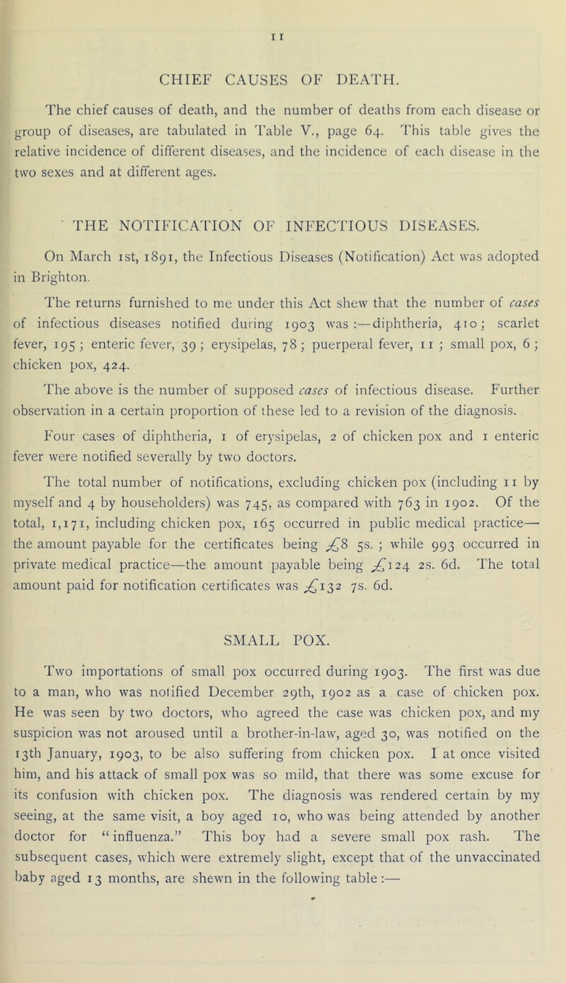 The chief causes of death, and the number of deaths from each disease or group of diseases, are tabulated in Table V., page 64. This table gives the relative incidence of different diseases, and the incidence of each disease in the two sexes and at different ages. THE NOTIFICATION OF INFECTIOUS DISEASES. On March ist, 1891, the Infectious Diseases (Notification) Act was adopted in Brighton. The returns furnished to me under this Act shew that the number of cases of infectious diseases notified during 1903 was:—diphtheria, 410; scarlet fever, 195; enteric fever, 39; erysipelas, 78; puerperal fever, ii ; small pox, 6; chicken pox, 424. The above is the number of supposed cases of infectious disease. Further observation in a certain proportion of these led to a revision of the diagnosis. P'our cases of diphtheria, i of erysipelas, 2 of chicken pox and i enteric fever were notified severally by two doctors. The total number of notifications, excluding chicken pox (including ii by myself and 4 by householders) was 745, as compared with 763 in 1902. Of the total, 1,171, including chicken pox, 165 occurred in public medical practice— the amount payable for the certificates being ;£d> 5s. ; while 993 occurred in private medical practice—the amount payable being ;^i24 2s. 6d. The total amount paid for notification certificates was ;j^i32 7s. 6d. SMALL POX. Two importations of small pox occurred during 1903. The first was due to a man, who was notified December 29th, 1902 as a case of chicken pox. He was seen by two doctors, who agreed the case was chicken pox, and my suspicion was not aroused until a brother-in-law, aged 30, was notified on the 13th January, 1903, to be also suffering from chicken pox. I at once visited him, and his attack of small pox was so mild, that there was some excuse for its confusion with chicken po.x. The diagnosis was rendered certain by my seeing, at the same visit, a boy aged 10, who was being attended by another doctor for “ influenza.” This boy had a severe small pox rash. The subsequent cases, which were extremely slight, except that of the unvaccinated baby aged 13 months, are shewn in the following table :—