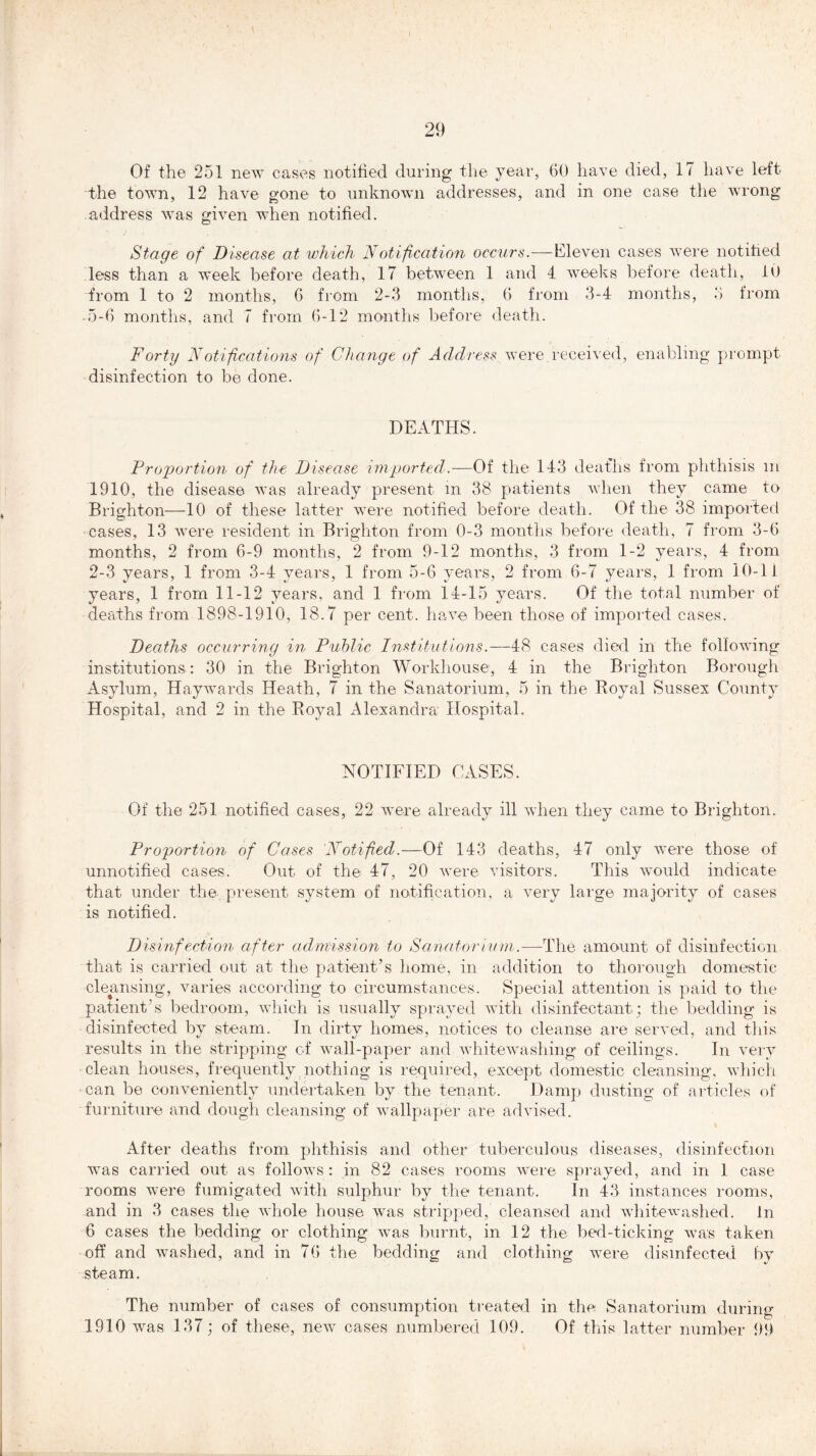 29 Of the 251 new cases notified during the year, 60 have died, 17 have left the town, 12 have gone to unknown addresses, and in one case the wrong address was given when notified. Stage of Disease at which Notification occurs.—Eleven cases were notified less than a week before death, 17 between 1 and 4 weeks before death, 10 from 1 to 2 months, 6 from 2-3 months, 6 from 3-4 months, 3 from -5-6 months, and 7 from 6-12 months before death. Forty Notifications of Change of Address were received, enabling prompt disinfection to be done. DEATHS. Proportion of the Disease imported.—Of the 143 deaths from phthisis in 1910, the disease was already present in 38 patients when they came to Brighton—10 of these latter were notified before death. Of the 38 imported cases, 13 were resident in Brighton from 0-3 months before death, 7 from 3-6 months, 2 from 6-9 months, 2 from 9-12 months, 3 from 1-2 years, 4 from 2-3 years, 1 from 3-4 years, 1 from 5-6 years, 2 from 6-7 years, 1 from 10-1 i years, 1 from 11-12 years, and 1 from 14-15 years. Of the total number of deaths from 1898-1910, 18.7 per cent, have been those of imported cases. Deaths occurring in Public Institutions.—48 cases died in the following institutions: 30 in the Brighton Workhouse, 4 in the Brighton Borough Asylum, Haywards Heath, 7 in the Sanatorium, 5 in the Royal Sussex County Hospital, and 2 in the Royal Alexandra Hospital. NOTIFIED CASES. Of the 251 notified cases, 22 were already ill when they came to Brighton. Proportion of Cases Notified.—Of 143 deaths, 47 only were those of unnotified cases. Out of the 47, 20 were visitors. This would indicate that under the present system of notification, a very large majority of cases is notified. Disinfection after admission to Sanatorium.-—The amount of disinfection that is carried out at the patient’s home, in addition to thorough domestic cleansing, varies according to circumstances. Special attention is paid to the patient's bedroom, which is usually sprayed with disinfectant; the bedding is disinfected by steam. In dirty homes, notices to cleanse are served, and this results in the stripping of wall-paper and whitewashing of ceilings. In very clean houses, frequently nothing is required, except domestic cleansing, which can be conveniently undertaken by the tenant. Damp dusting of articles of furniture and dough cleansing of wallpaper are advised. After deaths from phthisis and other tuberculous diseases, disinfection was carried out as follows: in 82 cases rooms were sprayed, and in 1 case rooms were fumigated with sulphur by the tenant. In 43 instances rooms, and in 3 cases the whole house was stripped, cleansed and whitewashed, in 6 cases the bedding or clothing was burnt, in 12 the bed-ticking was taken off and washed, and in 76 the bedding and clothing were disinfected by steam. The number of cases of consumption treated in the Sanatorium during 1910 was 137; of these, new cases numbered 109. Of this latter number 99