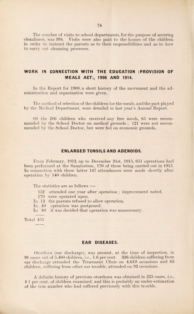 The number of visits to school departments, for the purpose of securing cleanliness, was 994. Visits were also paid to the homes of the children in order to instruct the parents as to their responsibilities and as to how to cany out cleansing processes. WORK m CONNECTION WITH THE EDUCATION (PROVISION OF MEALS ACT), 1906 AND 1914. In the Report for 1908, a short history of the movement and the ad- ministration and organization were given. The method of selection of the children for the meals, and the part played by the Medical Department, were detailed in last year’s Annual Report. Of the 206 children who received any free meals, 85 were recom- mended by the School Doctor on medical grounds ; 121 were not recom- mended by the School Doctor, but were fed on economic grounds. ENLARGED TONSILS AND ADENOIDS. From February, 1913, up to December 31st, 1915, 651 operations had been performed at the Sanatorium, 170 of these being carried out in 1915. In connection with these latter 147 attendances were made shortly after operation by 140 children. The statistics are as follows :— 152 attended one year after operation ; improvement noted. 170 were operated upon. In 13 the parents refused to allow operation,. In 40 operation was postponed. In 80 it was decided that operation was unnecessary. Total 455 EAR DISEASES. Diarrhoea (ear discharge), was present, at the time of inspection, in 91 cases out of 5,460 children, i.e., 1.6 per cent. 336 children suffering from ear discharge attended the Treatment Clinic on 4,619 occasions and 63 children, suffering from other ear trouble, attended on 93 occasions. A definite history of previous otorrhoea was obtained in 225 cases, i.e., 4*1 per cent, of children examined; and this is probably an under-estimation of the true number who had suffered previously with this trouble.
