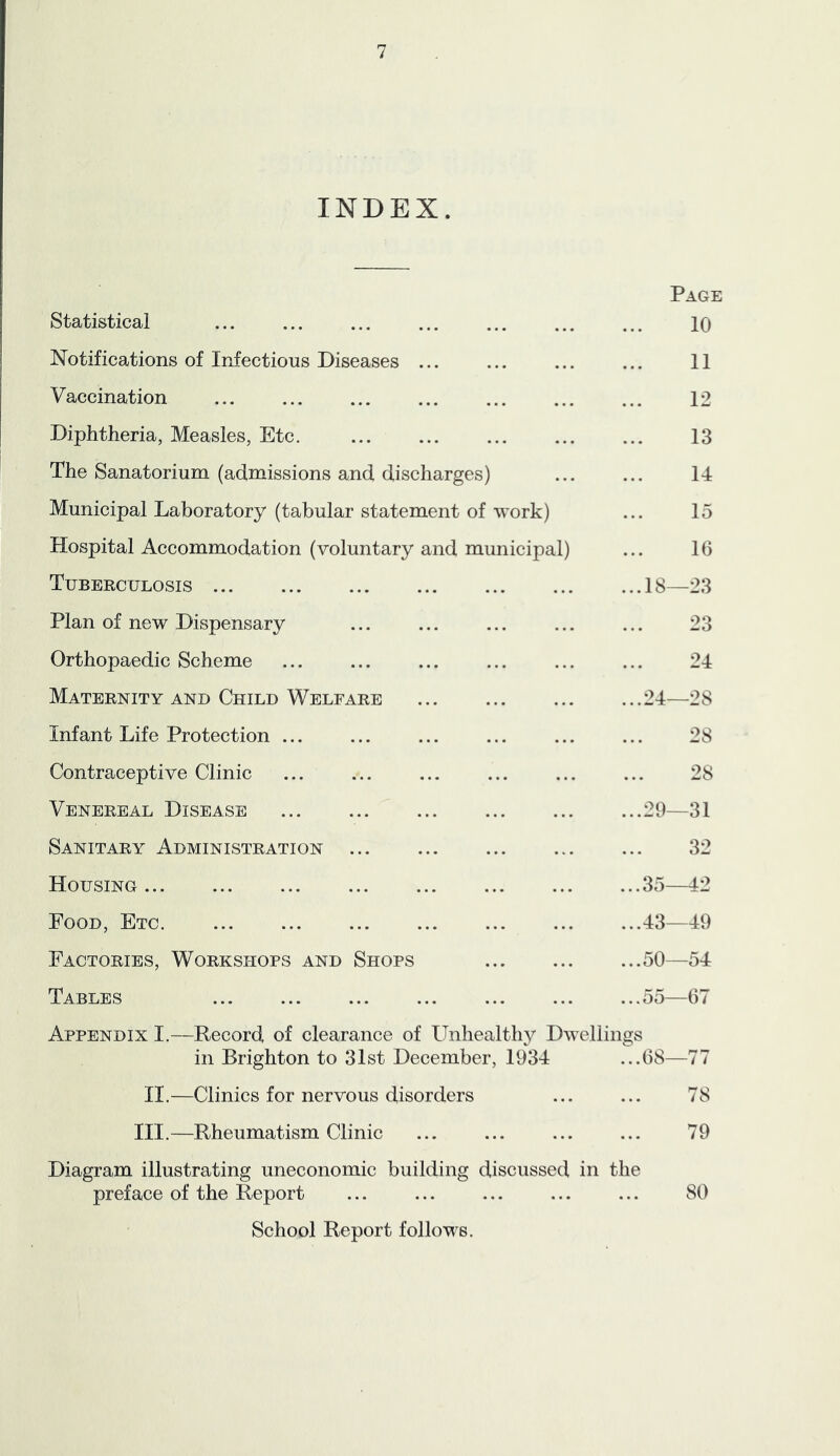 INDEX. Statistical Page 10 Notifications of Infectious Diseases ... 11 Vaccination 12 Diphtheria, Measles, Etc. 13 The Sanatorium (admissions and discharges) 14 Municipal Laboratory (tabular statement of work) 15 Hospital Accommodation (voluntary and municipal) 16 Tuberculosis ...18—23 Plan of new Dispensary 23 Orthopaedic Scheme 24 Maternity AND Child Welfare ...24—28 Infant Life Protection ... 28 Contraceptive Clinic Venereal Disease 28 ...29—31 Sanitary Administration 32 Housing ... ... ...35—42 Food, Etc ...43—49 Factories, Workshops and Shops ...50—54 Tables ... ...55—67 Appendix I.—Record of clearance of Unhealth}’' Dwellings in Brighton to 31st December, 1934 ...68—77 II.—Clinics for nervous disorders 78 III.—Rheumatism Clinic 79 Diagram illustrating uneconomic building discussed in preface of the Report the 80 School Report follows.