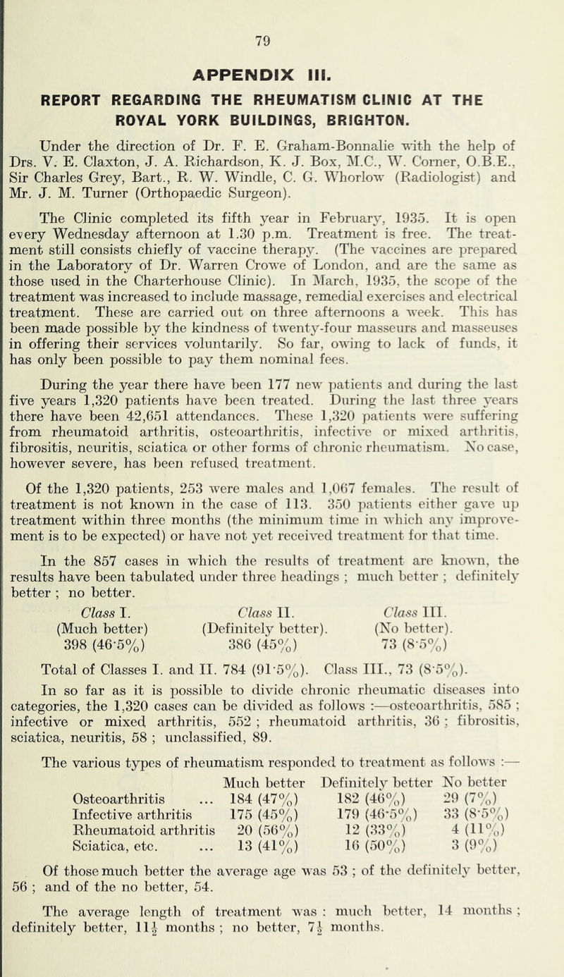 APPENDIX III. REPORT REGARDING THE RHEUMATISM CLINIC AT THE ROYAL YORK BUILDINGS, BRIGHTON. Under the direction of Dr. F. E. Graham-Bonnalie 'with the help of Drs. V. E. Claxton, J. A. Richardson, K. J. Box, ]\I.C., W. Corner, O.B.E., Sir Charles Grey, Bart., R. W. Windle, C. G. Whorlow (Radiologist) and Mr. J. M. Turner (Orthopaedic Surgeon). The Clinic completed its fifth year in February, 1935. It is open e^ery Wednesday afternoon at 1.30 p.m. Treatment is free. The treat- ment still consists chiefly of vaccine therapy. (The vaccines are prepared in the Laboratory of Dr. Warren Crowe of London, and are the same as those used in the Charterhouse Clinic). In March, 1935, the scope of the treatment was increased to include massage, remedial exercises and electrical treatment. These are carried out on three afternoons a week. This has been made possible by the kindness of twenty-four masseurs and masseuses in offering their services voluntarily. So far, owing to lack of funds, it has only been possible to pay them nominal fees. During the year there have been 177 new patients and during the last five years 1,320 patients have been treated. During the last three years there have been 42,651 attendances. These 1,320 patients were suffering from rheumatoid arthritis, osteoarthritis, infective or mixed arthritis, fibrositis, neuritis, sciatica or other forms of chronic rheumatism. Xocase, however severe, has been refused treatment. Of the 1,320 patients, 253 were males and 1,067 females. The result of treatment is not known in the case of 113. 350 patients either gave up treatment within three months (the minimum time in wliieh any improve- ment is to be expected) or have not yet received treatment for that time. In the 857 cases in which the results of treatment are known, the results have been tabulated under three headings ; mueh better ; definitely better ; no better. Class I. Class II. Class III. (Much better) (Definitely better). (No better). 398 (46-5%) 386 (45%) 73 (8-5%) Total of Classes I. and II. 784 (9L5%). Class III., 73 (8'5%). In so far as it is possible to divide chronic rheumatic diseases into categories, the 1,320 cases can be divided as follows :—osteoarthritis, 585 ; infective or mixed arthritis, 552 ; rheumatoid arthritis, 36 ; fibrositis, sciatica, neuritis, 58 ; unclassified, 89. The various types of rheumatism responded to treatment as follows Osteoarthritis Infective arthritis Rheumatoid arthritis Sciatica, etc. Much better 184 (47%) 175 (45%) 20 (56%) 13 (41%) Definitely better 182 (46%) 179 (46-5%) 12 (33%) IG (50%) No better 2!) (7%) 33 (8-5%) i (11%) (O'Jo) o Of those much better the average age was 53 ; of the definitely better, 56 ; and of the no better, 54. The average length of treatment was : much better, 14 months ; definitely better, 11| months; no better, 71 months.