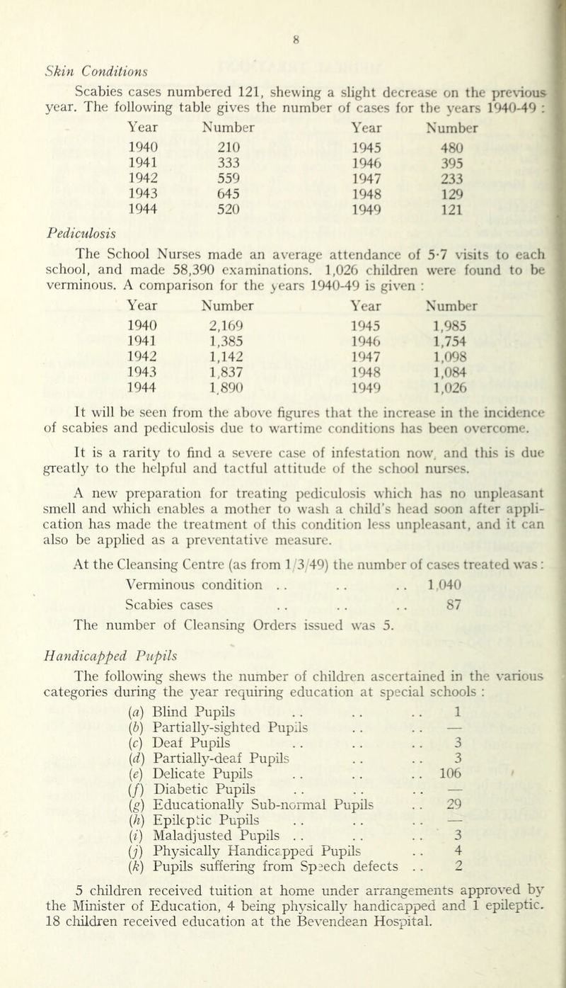 Skin Conditions Scabies cases numbered 121, shewing a slight decrease on the pre\’ious- year. The following table gives the number of cases for the years 1940-49 : Year Number Year Number 1940 210 1945 480 1941 333 1946 395 1942 559 1947 233 1943 645 1948 129 1944 520 1949 121 Pediculosis The School Nurses made an average attendance of 5-7 visits to each school, and made 58,390 examinations. 1,026 children were found to be verminous. A comparison for the ^ears 1940-49 is given : Year Number Year Number 1940 2,169 1945 1,985 1941 1,385 1946 1,754 1942 1,142 1947 1,098 1943 1,837 1948 1,084 1944 1 890 1949 1,026 It will be seen from the above figures that the increase in the incidence of scabies and pediculosis due to wartime conditions has been overcome. It is a rarity to find a severe case of infestation now, and this is due greatly to the helpful and tactful attitude of the school nurses. A new preparation for treating pediculosis which has no unpleasant smell and which enables a mother to wash a child’s head soon after appli- cation has made the treatment of this condition less unpleasant, and it can also be applied as a preventative measure. At the Cleansing Centre (as from 1 /3 49) the number of cases treated was: Verminous condition . . . . . . 1,040 Scabies cases . . . . . . 87 The number of Cleansing Orders issued was 5. Handicapped Pupils The following shew's the number of children ascertained in the various categories during the year requiring education at special schools : (a) Blind Pupils (h) Partially-sighted Pupils (c) Deaf Pupils (d) Partially-deaf Pupils (e) Delicate Pupils (/) Diabetic Pupils (g) Educationally Sub-normal Pupils (h) Epikpiic Pupils {i) Maladjusted Pupils . . (j) Physically Handicapped Pupils (k) Pupils suffering from Speech defects o 3 106 29 3 4 2 5 children received tuition at home under arrangements approved by the Minister of Education, 4 being physicalh^ handicapped and 1 epileptic. 18 children received education at the Bevendean Hospital.