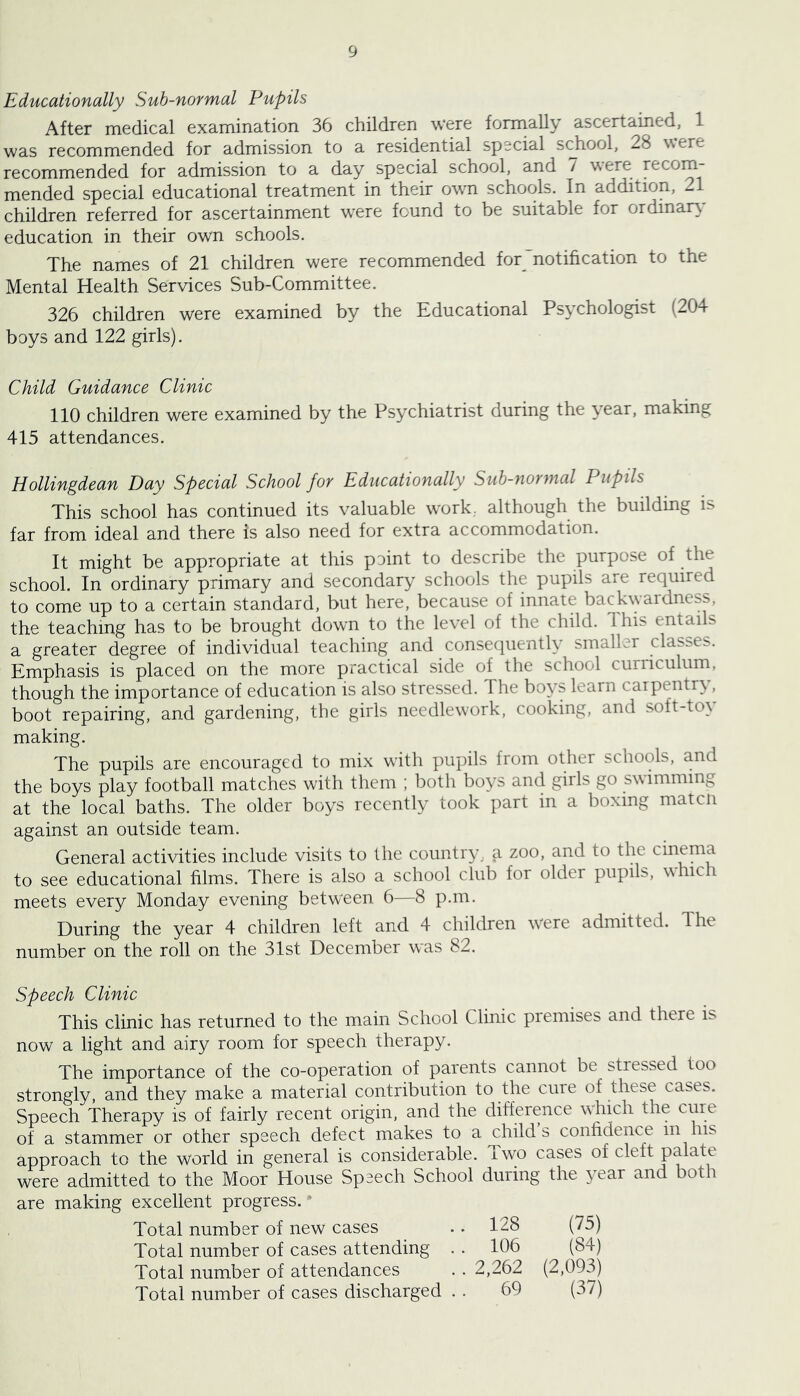 Educationally Sub-normal Pupils After medical examination 36 children were formally ascertained, 1 was recommended for admission to a residential special school, 28 were recommended for admission to a day special school, and 7 were recom- mended special educational treatment in their owm schools. In addition, 21 children referred for ascertainment were found to be suitable for ordinary education in their own schools. The names of 21 children were recommended for notification to the Mental Health Services Sub-Committee. 326 children were examined by the Educational Psychologist (204 boys and 122 girls). Child Guidance Clinic 110 children were examined by the Psychiatrist during the year, making 415 attendances. Hollingdean Day Special School for Educationally Sub-normal Pupils This school has continued its valuable work, although the building is far from ideal and there is also need for extra accommodation. It might be appropriate at this point to describe the purpose of the school. In ordinary primary and secondary schools the pupils are required to come up to a certain standard, but here, because of innate backwardness, the teaching has to be brought down to the level of the child. Ihis entaiE a greater degree of individual teaching and consequently smaller classes. Emphasis is placed on the more practical side of the school curiiculum, though the importance of education is also stressed. The boys learn carpentry, boot repairing, and gardening, the girls needlework, cooking, and soft-to\ making. The pupils are encouraged to mix with pupils from other schools, and the boys play football matches with them ; both boys and girls go swimming at the local baths. The older boys recently took part in a boxing matcn against an outside team. General activities include visits to the country, a zoo, and to the cinema to see educational films. There is also a school club for older pupiE, w nc i meets every Monday evening betw^een 6—8 p.m. During the year 4 children left and 4 children w’‘ere admitted. The number on the roll on the 31st December was 82. Speech Clinic This clinic has returned to the main School Clinic premises and there is now a light and airy room for speech therapy. The importance of the co-operation of parents cannot be stressed too strongly, and they make a material contribution to the cure of these cases. Speech Therapy is of fairly recent origin, and the difference which the cure of a stammer or other speech defect makes to a child s confidence m hrs approach to the world in general is considerable. Two cases of cleft palate were admitted to the Moor House Speech School during the year and both are making excellent progress. ' Total number of new cases .. 128 (75) Total number of cases attending . . 106 (84) Total number of attendances . . 2,262 (2,093) Total number of cases discharged . . 69 (37)