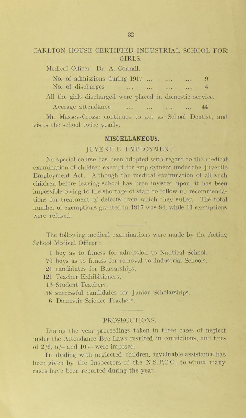 CARLTON HOUSE CERTIFIED INDUSTRIAL SCHOOL EOR GIRLS. Medical Officer—Dr. A. Cornall. No. of admissions during 1917 ... ... ... 9 No. of discharges ... ... ... ... 4 -Ml the girls discharged were placed in domestic service. Average attendance ... ... ... ... 44 Mr. Massey-Crosse continues to act as School Dentist, and visits the school twice yearly. MISCELLANEOUS. JUVENILE EMPLOYMENT. No special course has been adopted with regard to the medical examination of children exempt for employment under the Juvenile Employment Act. Although the medical examination of all such children before leaving school has been insisted upon, it has been impossible owing to the shortage of staff to follow up recommenda- tions for treatment of defects from which the\' suffer. The total number of exemptions granted in 1917 was 84, while 11 exemptions were refused. The following medical examinations were made by the Acting School Medical Officer :— 1 boy as to fitness for admission to Nautical School. 70 boys as to fitness for removal to Industrial Schools. 24 candidates for Bursars hips. 121 Teacher Exhibitioners. 16 Student Teachers. 58 successful candidates lor Junior Scholarships. G Domestic Science Teachers. PROSECUTIONS. During the year proceedings taken in three cases of neglect under the Attendance B3^e-Laws resulted in convictions, and lines of 2/6, 5/- and 10/- were imposed. In dealing with neglected children, invaluable assistance has been given by the Inspectors of the N.S.P.C.C., to whom many cases have been reported during the 3^ear.