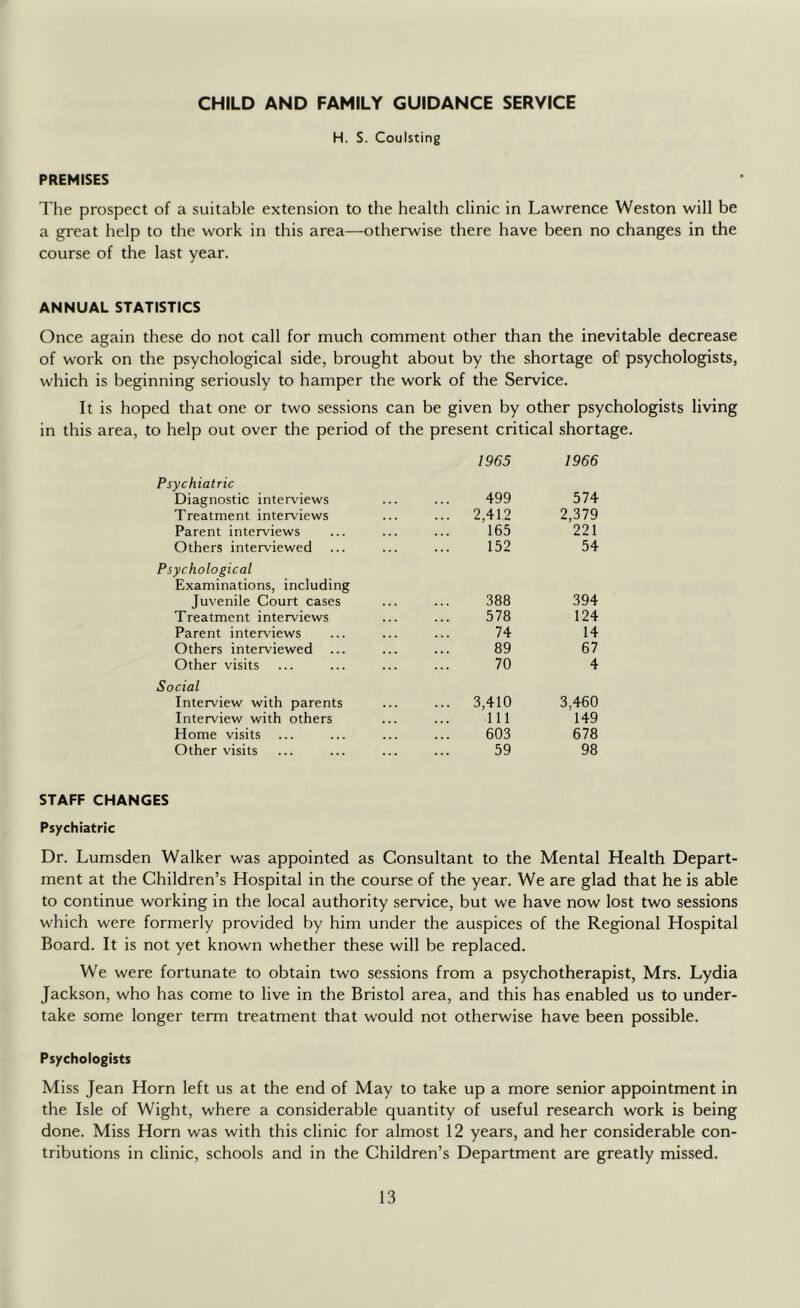 CHILD AND FAMILY GUIDANCE SERVICE H. S. Coulsting PREMISES The prospect of a suitable extension to the health clinic in Lawrence Weston will be a great help to the work in this area—otherwise there have been no changes in the course of the last year. ANNUAL STATISTICS Once again these do not call for much comment other than the inevitable decrease of work on the psychological side, brought about by the shortage of psychologists, which is beginning seriously to hamper the work of the Service. It is hoped that one or two sessions can be given by other psychologists living in this area, to help out over the period of the present critical shortage. Psychiatric Diagnostic interviews Treatment interviews Parent interviews Others interviewed Psychological Examinations, including Juvenile Court cases Treatment interviews Parent interviews Others interviewed Other visits Social Interview with parents Interview with others Home visits Other visits 1965 1966 499 574 2,412 2,379 165 221 152 54 388 394 578 124 74 14 89 67 70 4 ... 3,410 3,460 111 149 603 678 59 98 STAFF CHANGES Psychiatric Dr. Lumsden Walker was appointed as Consultant to the Mental Health Depart- ment at the Children’s Hospital in the course of the year. We are glad that he is able to continue working in the local authority service, but we have now lost two sessions which were formerly provided by him under the auspices of the Regional Hospital Board. It is not yet known whether these will be replaced. We were fortunate to obtain two sessions from a psychotherapist, Mrs. Lydia Jackson, who has come to live in the Bristol area, and this has enabled us to under- take some longer term treatment that would not otherwise have been possible. Psychologists Miss Jean Horn left us at the end of May to take up a more senior appointment in the Isle of Wight, where a considerable quantity of useful research work is being done. Miss Horn was with this clinic for almost 12 years, and her considerable con- tributions in clinic, schools and in the Children’s Department are greatly missed.