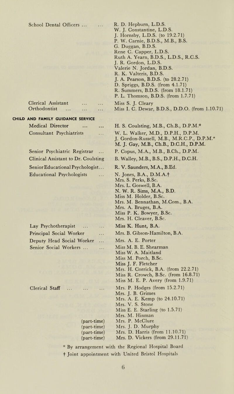 School Dental Officers ... Clerical Assistant Orthodontist CHILD AND FAMILY GUIDANCE SERVICE Medical Director Consultant Psychiatrists Senior Psychiatric Registrar Clinical Assistant to Dr. Coulsting Senior Educational Psychologist... Educational Psychologists Lay Psychotherapist Principal Social Worker Deputy Head Social Worker Senior Social Workers ... Clerical Staff R. D. Hepburn, L.D.S. W. J. Constantine, L.D.S. J. Hornsby, L.D.S. (to 19.2.71) P. W. Carnie, B.D.S., M.B., B.S. G. Duggan, B.D.S. Rene C. Capper, L.D.S. Ruth A. Yearn, B.D.S., L.D.S., R.C.S. J. R. Gordon, L.D.S. Valerie N. Jordan, B.D.S. R. K. Valteris, B.D.S. J. A. Pearson, B.D.S. (to 28.2.71) D. Spriggs, B.D.S. (from 4.1.71) R. Summers, B.D.S. (from 18.1.71) P. L. Thomson, B.D.S. (from 1.7.71) Miss S. J. Cleary Miss 1. C. Dewar, B.D.S., D.D.O. (from 1.10.71) H. S. Coulsting, M.B., Ch.B., D.P.M.* W. L. Walker, M.D., D.P.H., D.P.M. J. Gordon-Russell, M.B., M.R.C.P., D.P.M.* M. J. Gay, M.B., Ch.B., D.C.H., D.P.M. P. Copus, M.A., M.B., B.Ch., D.P.M. B. Walley, M.B., B.S., D.P.H., D.C.H. R. V. Saunders, M.A., B.Ed. N. Jones, B.A., D.M.A.f Mrs. S. Perks, B.Sc. Mrs. L. Goswell, B.A. N. W. R. Sims, M.A., B.D. Miss M. Holder, B.Sc. Mrs. M. Bennathan, M.Com., B.A. Mrs. A. Bruges, B.A. Miss P. K. Bowyer, B.Sc. Mrs. H. Cleaver, B.Sc. Miss K. Hunt, B.A. Mrs. B. Gibson-Hamilton, B.A. Mrs. A. E. Porter Miss M. B. E. Shearman Miss W. A. Maitland Miss M. Porch, B.Sc. Miss J. F. Fletcher Mrs. H. Corrick, B.A. (from 22.2.71) Miss R. Crowch, B.Sc. (from 16.8.71) Miss M. E. P. Avery (from 1.9.71) Mrs. P. Hodges (from 15.2.71) Mrs. J. B. Grimes Mrs. A. E. Kemp (to 24.10.71) Mrs. V. S. Stone Miss E. E. Starling (to 1.5.71) Mrs. M. Hinman Mrs. P. McClure Mrs. J. D. Murphy Mrs. D. Harris (from 11.10.71) Mrs. D. Vickers (from 29.11.71) (part-time) (part-time) (part-time) (part-time) * By arrangement with the Regional Hospital Board t Joint appointment with United Bristol Hospitals