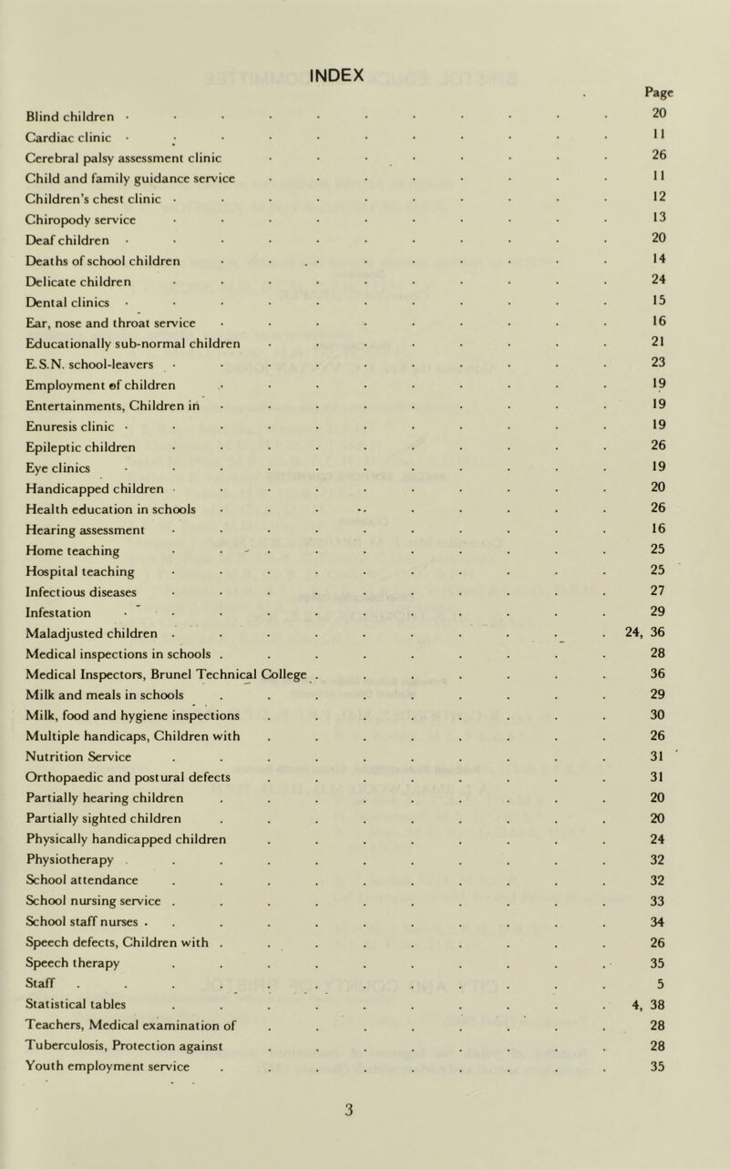 INDEX Page Blind children 20 Cardiac clinic • • • - • • • • • ■ * * Cerebral palsy assessment clinic • • • • • • • • 26 Child and family guidance service • • • • • • • • H Children’s chest clinic • • ■ • • ■ • • • • 12 Chiropody service • • • • • • • • • • 13 Deaf children ........... 20 Deaths of school children • • . • • • • • • • *4 Delicate children .......... 24 Dental clinics ........... 15 Ear, nose and throat service ......... 16 Educationally sub-normal children ........ 21 E.S.N. school-leavers .......... 23 Employment ©f children ......... 19 Entertainments, Children in ......... 19 Enuresis clinic ........... 19 Epileptic children .......... 26 Eye clinics ........... 19 Handicapped children ......... 20 Health education in schools • • ... . . . . . 26 Hearing assessment ■ • • ■ ■ • • • • ■ 16 Home teaching • • • • • • ■ • • 25 Hospital teaching .......... 25 Infectious diseases .......... 27 Infestation ........... 29 Maladjusted children .......... 24, 36 Medical inspections in schools ......... 28 Medical Inspectors, Brunei Technical College ....... 36 Milk and meals in schools ......... 29 Milk, food and hygiene inspections ........ 30 Multiple handicaps, Children with ........ 26 Nutrition Service . . . . . . . . . . 31 Orthopaedic and postural defects . . . . . . . . 31 Partially hearing children ......... 20 Partially sighted children ......... 20 Physically handicapped children ........ 24 Physiotherapy ........... 32 School attendance .......... 32 School nursing service .......... 33 School staff nurses ........... 34 Speech defects, Children with ......... 26 Speech therapy . . . . . . . . . . 35 Staff 5 Statistical tables . . . . . . . . . 4, 38 Teachers, Medical examination of ........ 28 Tuberculosis, Protection against ........ 28 Youth employment service ......... 35