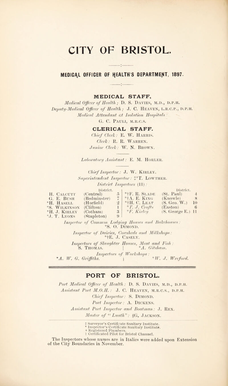 MEDICAL OFFICER OF HEALTH’S DEPARTMENT, 1897. MEDICAL, STAFF. Medical Officer of Health: D. S. Davies, m.d., d.p.h. Deputy-Medical Officer of Health; J. C. Heaven, l.r.c.p., d.p.h. Medical Attendant at Isolation Hospitals ■ G. C. Pauli, m.r.c.s. CLERICAL STAFF. Chief Clerk: E. W. Harris. Clerk: R. R. Warren. Junior Clerk: W. N. Brown. Laboratory Assistant: E. M. Horlek. Ch ief Inspector: J. W. KlRLEY. Superintendent Inspector: +*T. Lowther. H. Calcutt G. E. Bush *H. Hasell *S. Wilkinson *H. J. Kirley *J. T. Lyons District Inspectors (11); District. (Central) 5 (Bedminster) 7 (Horfield) 2 (Clifton) 1 (Cotham) 3 (Stapleton) 9 *fF. R. Slade *|A. E. King *fH. C. Leat ■- T. J. Croft.v *F. Kirley District. (St. Paul) (Knowle) (S. Geo. W.) (Easton) (S. George E.) Inspector of Common Lodging Houses and Bakehouses: *S. O. Dimond. 4 8 10 6 11 Inspector of Dairies, Cowsheds and Milkshops: *+E. J. Casely. Inspectors of Slaughter Houses, Meat and Fish : S. Thomas. | *A. Git sham. Inspectors of Workshops: *A. W. G. Griffiths. ' | *W. J. Wreford. PORT OF BRISTOL. Port Medical Officer of Health : D. S. Davies, m.d., d.p.h. Assistant Port M.O.H. : J. C. Heaven, m.r.c.s., d.p.h. Chief Inspector: S. Dimond. Port Inspector: A. DlCKENS. Assistant Port Inspector and Boatman: J. Rex. Master of “ Luath”: §G. Jackson. t Surveyor’s Certificate Sanitary Institute. * Inspector’s Certificate Sanitary Institute. + Registered Plumbers. ? Certificated Pilot for Bristol Channel. The Inspectors whose names are in Italics were added upon Extension of the City Boundaries in November.