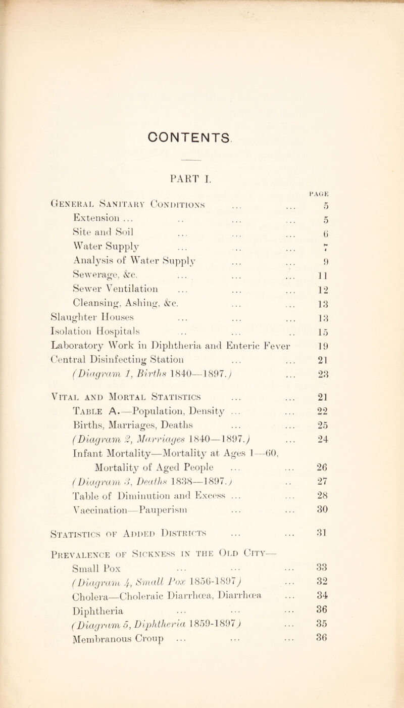 CONTENTS PART I. PAGE General Sanitary Conditions ... ... 5 Extension ... .. ... 5 Site and Soil .., ... ... (j Water Supply ... .. ... 7 Analysis of Water Supply ... ... 9 Sewerage, &c. ... ... ... 1 ] Sewer Ventilation ... ... ... 12 Cleansing, Ashing, &c*. ... ... 13 Slaughter Houses ... ... ... 13 Isolation Hospitals ... ... .. 15 Laboratory Work in Diphtheria and Enteric Fever 19 Central Disinfecting Station ... ... 21 (Diagram 1, Births 1840—1897.) ... 23 Vital and Mortal Statistics ... ... 21 Table A.—Population, Density ... ... 22 Births, Marriages, Deaths ... ... 25 (Diagram Marriages 1840—1897J ... 24 Infant Mortality—Mortality at Ages 1—60, Mortality of Aged People ... ... 26 (Diagram 3, Deaths 1838—1897.; .. 27 Table of Diminution and Excess ... ... 28 Vaccination—Pauperism ... ... 30 Statistics of Added Districts ... ... 31 Prevalence of Sickness in the Old City— Small Pox ... ••• ••• 33 (Diagram .p Small Pox 1856-189i) ... 32 Cholera—Choleraic Diarrhoea, Diarrhoea ... 34 Diphtheria ••• ••• ••• 36 (Diagram 5, Diphtheria 1859-18979 ... 35