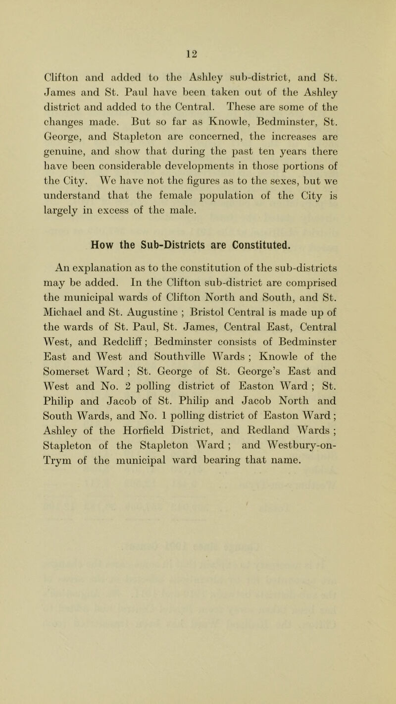 Clifton and added to the Ashley sub-district, and St. James and St. Paul have been taken out of the Ashley district and added to the Central. These are some of the changes made. But so far as Knowle, Bedminster, St. George, and Stapleton are concerned, the increases are genuine, and show that during the past ten years there have been considerable developments in those portions of the City. We have not the figures as to the sexes, but we understand that the female population of the City is largely in excess of the male. How the Sub-Districts are Constituted. An explanation as to the constitution of the sub-districts may be added. In the Clifton sub-district are comprised the municipal wards of Clifton North and South, and St. Michael and St. Augustine ; Bristol Central is made up of the wards of St. Paul, St. James, Central East, Central West, and Redcliff; Bedminster consists of Bedminster East and West and Southville Wards ; Knowle of the Somerset Ward ; St. George of St. George’s East and West and No. 2 polling district of Easton Ward ; St. Philip and Jacob of St. Philip and Jacob North and South Wards, and No. 1 polling district of Easton Ward ; Ashley of the Horfield District, and Redland Wards ; Stapleton of the Staj^leton Ward ; and Westbury-on- Trym of the municipal ward bearing that name.