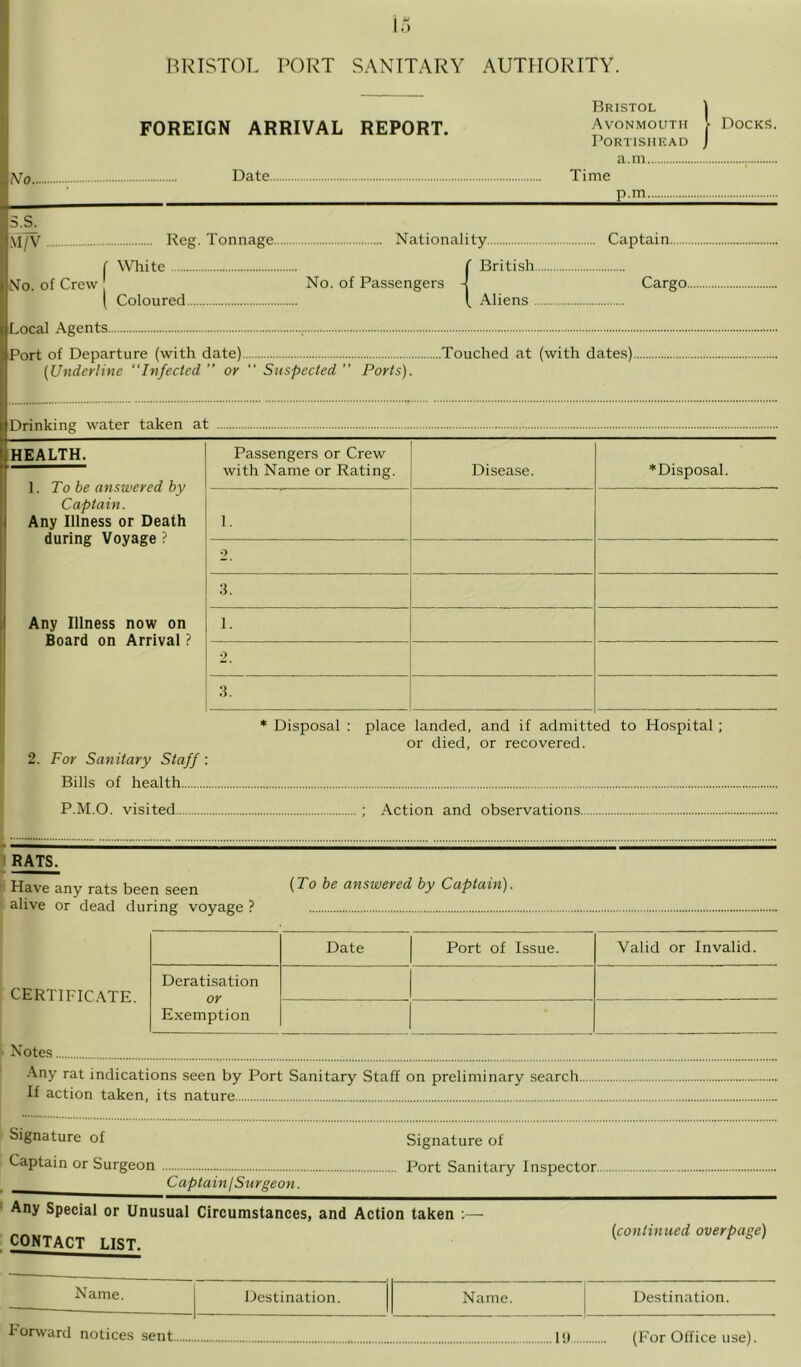 1.“) BRISTOL PORT SANITARY AUTHORITY. FOREIGN ARRIVAL REPORT. No Uate 3^ M/V Reg. Tonnage. I WHiite No. of Crew ( Coloured Nationality. No. of Passengers British. Aliens . Bristol Av'onmoutii PORTISIIKAD a.in Time p.m Captain, Cargo. Local Agents Port of Departure (with date) Touched at (with dates) (Underline Infected ” or  Suspected ” Ports). Docks. Drinking water taken at HEALTH. Passengers or Crew with Name or Rating. Disease. ’Disposal. 1. To be answered by Captain. Any Illness or Death during Voyage ? Any Illness now on Board on Arrival ? 1. 2 :l 1- -• ! ■i- 2. For Sanitary Staff: * Disposal : place landed, and if admitted to Hospital; or died, or recovered. Bills of health. P.M.O. visited ; Action and observations. - RATS. E Have any rats been seen answered by Captain). I alive or dead during voyage ? I f CERTIFIC.\TE. \ ^ Notes Date Port of Issue. Valid or Invalid. Deratisation E.xemption .^.ny rat indications seen by Port Sanitary Staff on preliminary search, If action taken, its nature Signature of Captain or Surgeon Captain! Surgeon. Signature of .. Port Sanitary Inspector Any Special or Unusual Circumstances, and Action taken :— CONTACT LIST. (continued overpage) Name. Destination. Name. Destination. Forward notices sent H» (For Office use).