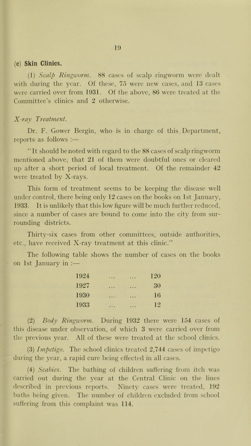 (c) Skin Clinics. (I) Scdlp Riiigioonii. SS case's of scalp ringworm were dealt with during the year. Of these, In were new cases, and 19 cases were carried over from 1931. Of the above, 86 were treated at the Committee’s clinics and 2 otherwi.se. X-ray Treatment. Dr. F. Gower Bergin, who is in charge of this De})artment, reports as follows :— “It should be noted with regard to the 88 cases of scalp rhrgworm mentioned above, that 21 of them were doubtful ones or cleared up after a short period of local treatment. Of the remainder 42 were treated by X-rays. This form of treatment seems to be keeping the disease well under control, there being onl}^ 12 cases on the books on 1st January, 1933. It is unlikel}^ that this low figure will be much further reduced, since a number of cases are bound to come into the city from sur- rounding districts. Thirty-six cases from other committees, outside authorities, etc., have received X-ray treatment at this clinic.’’ The following table shows the number of cases on the books on 1st January in :— 1924 120 1927 30 1930 16 1933 12 (2) Body Ringtvorm. During 1932 there were 154 cases of this disease under observation, of which 3 were carried over from the previous year. All of these were treated at the school clinics. (3) Impetigo. The school clinics treated 2,744 cases of impetigo during the year, a rapid cure being effected in all cases. (4) Scabies. The bathing of children suffering from itch was carried out during the year at the Central Clinic on the lines described in jjrevious reports. Ninety ca.ses were treated, 192 baths being given. Tlie number of children excluded from school suffering from this complaint was 114.